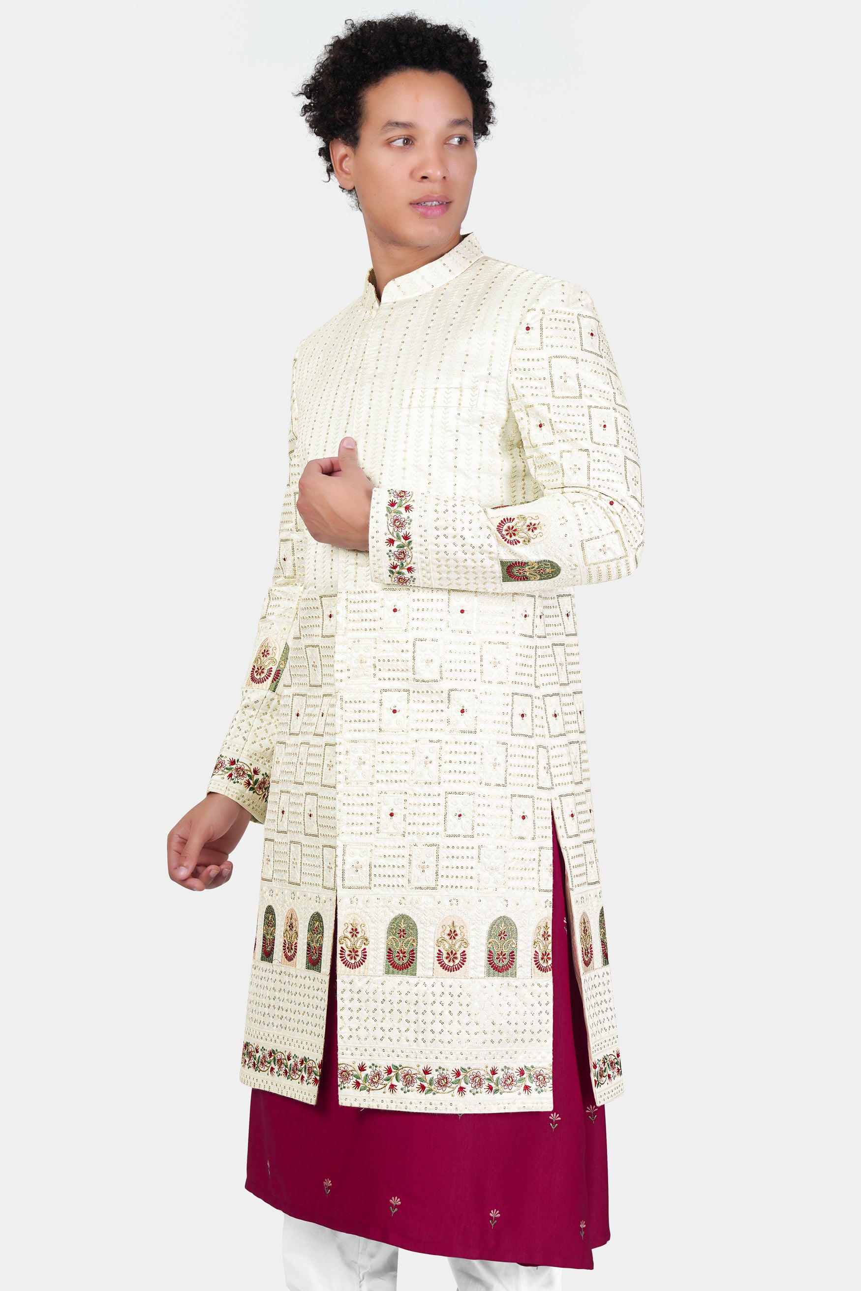 Merino Cream with Finch Green Multicolour Thread and Sequin Embroidered Indo-Western Sherwani Set