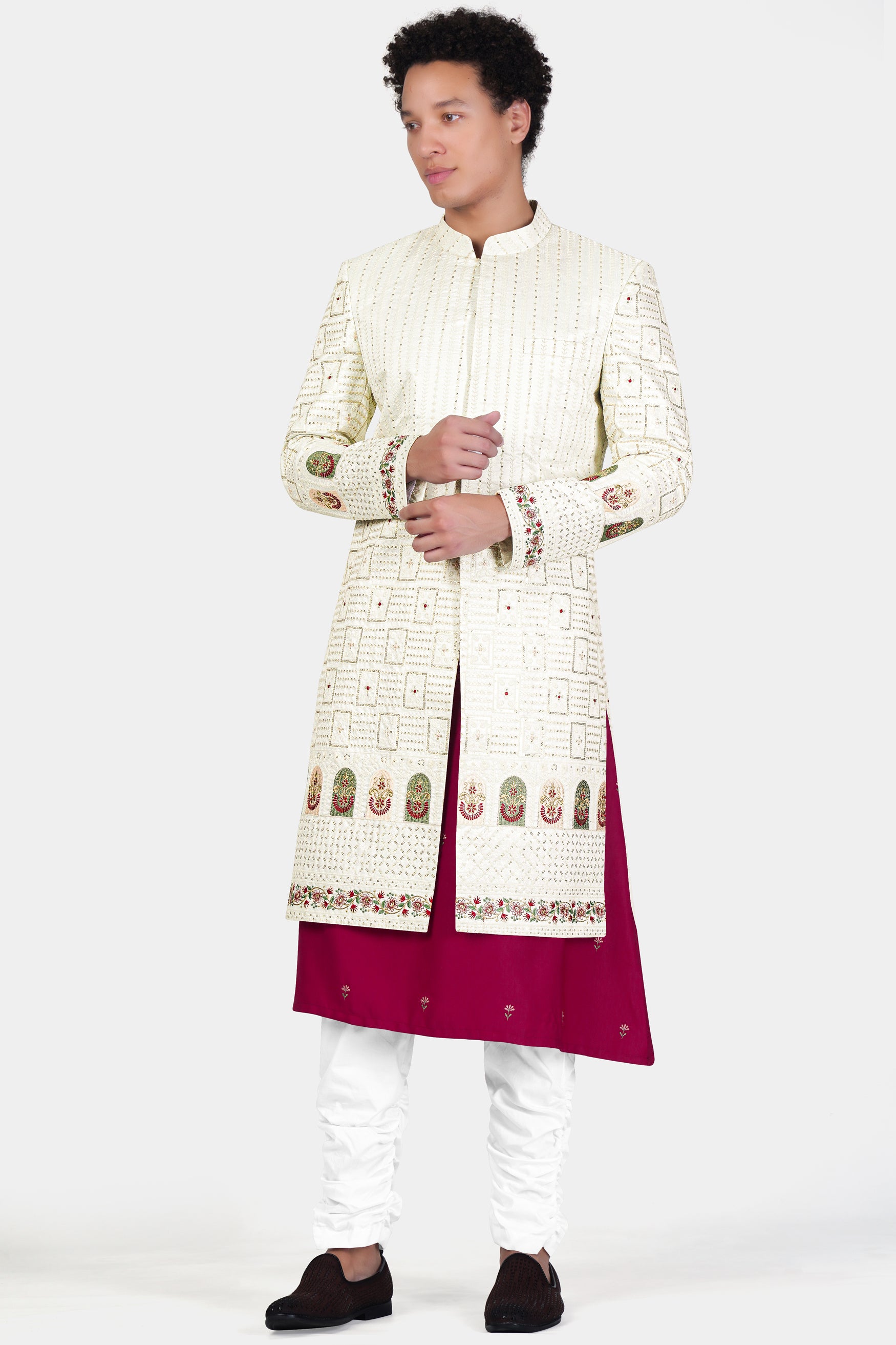 Merino Cream with Finch Green Multicolour Thread and Sequin Embroidered Indo-Western Sherwani Set