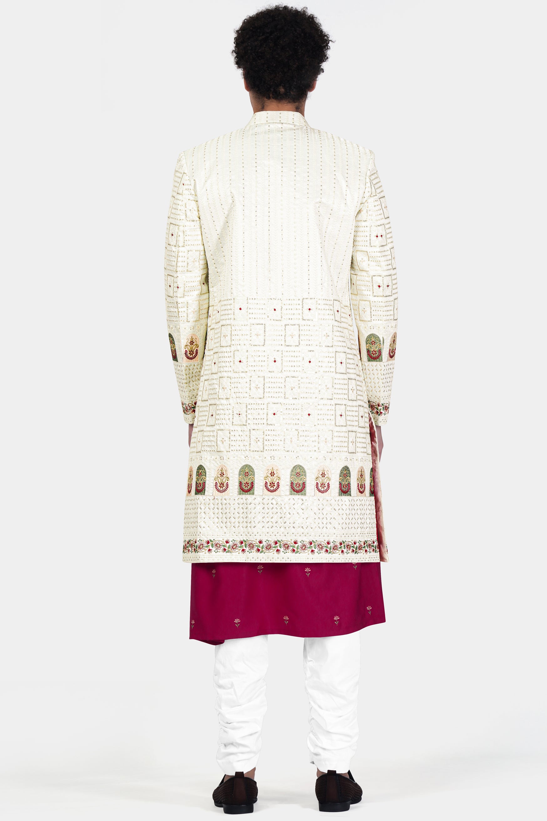 Merino Cream with Finch Green Multicolour Thread and Sequin Embroidered Indo-Western Sherwani Set