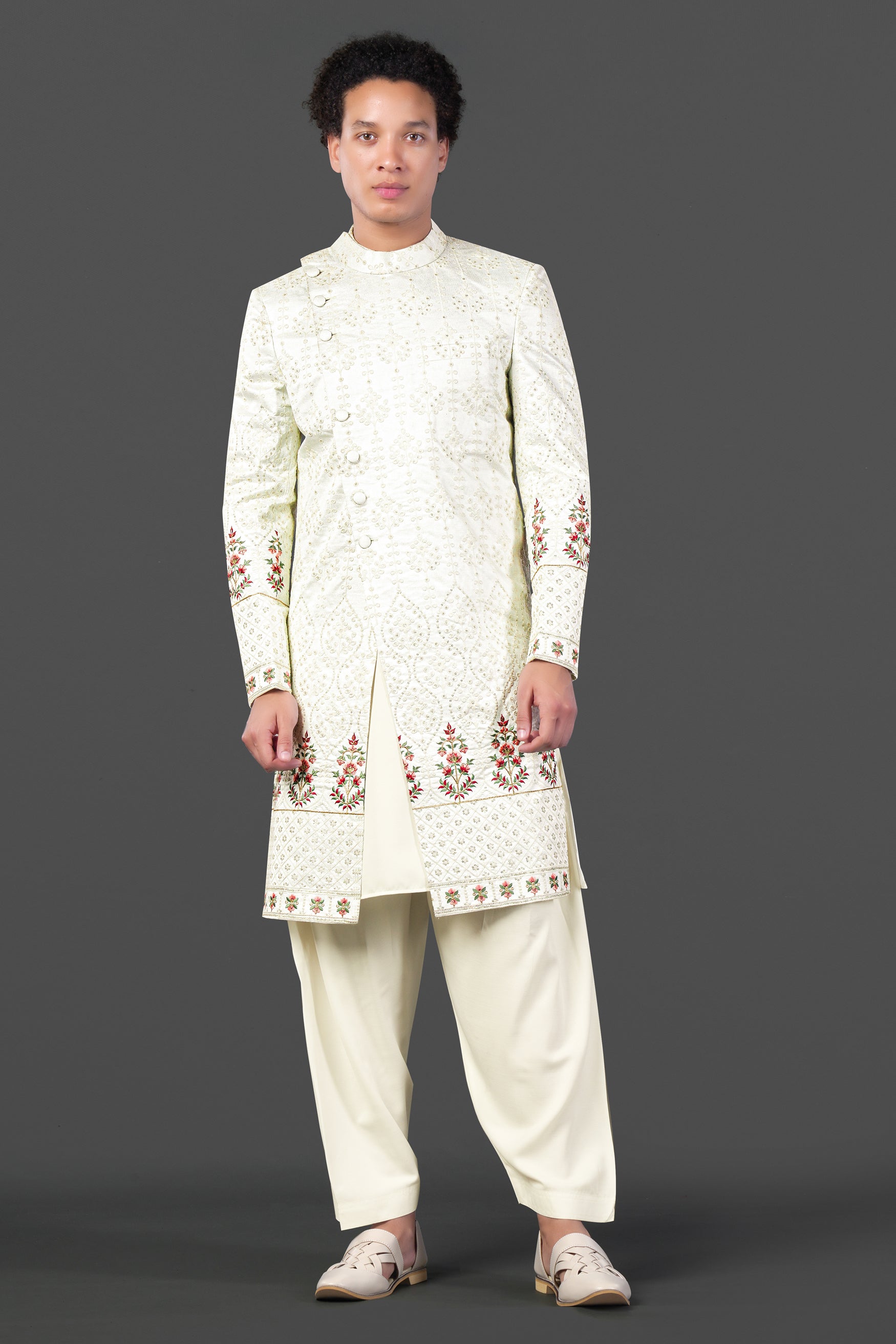 Merino Cream with Finch Green Cross Placket Bandhgala Thread and Sequin Embroidered Indo-Western Sherwani Set