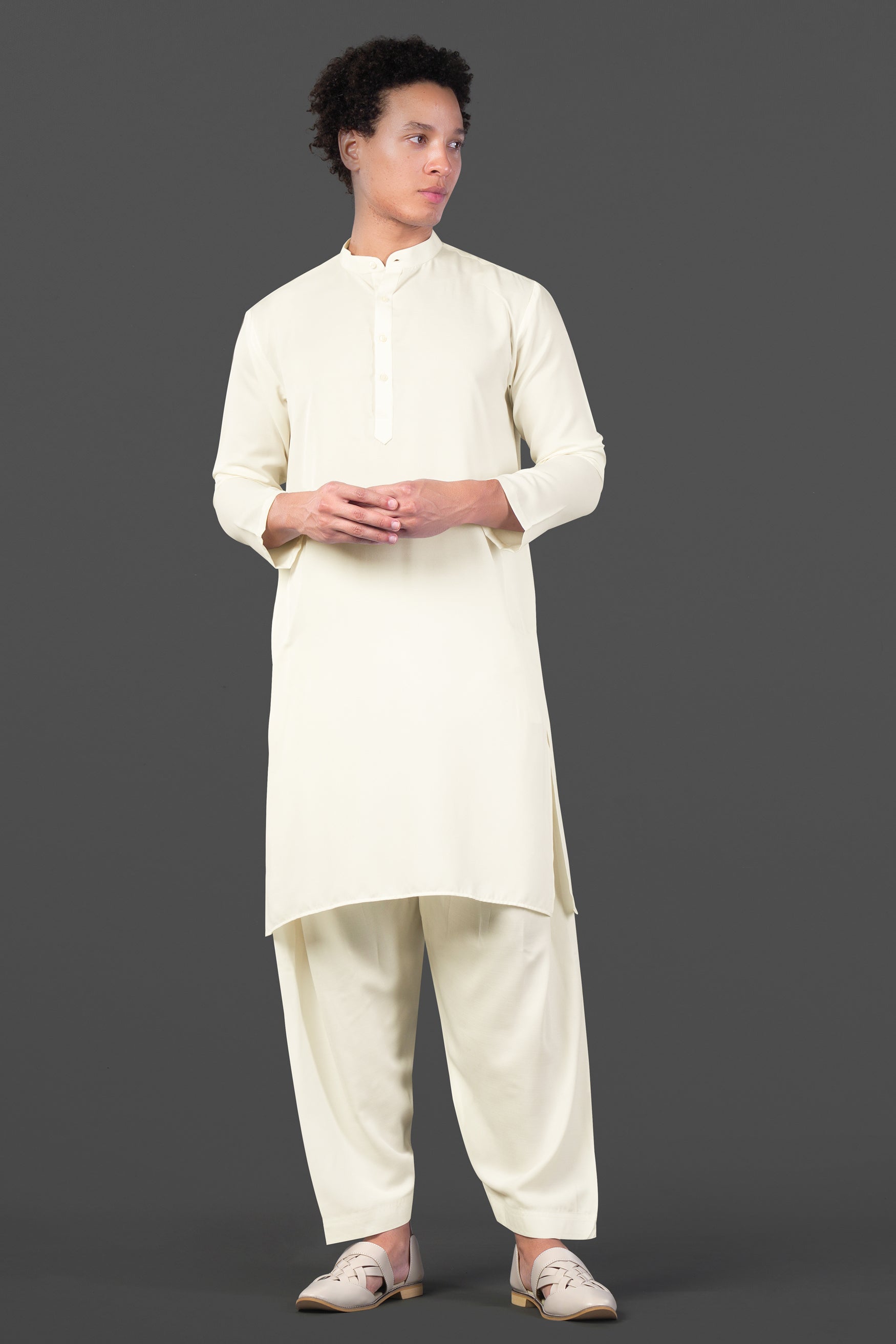 Merino Cream with Finch Green Cross Placket Bandhgala Thread and Sequin Embroidered Indo-Western Sherwani Set