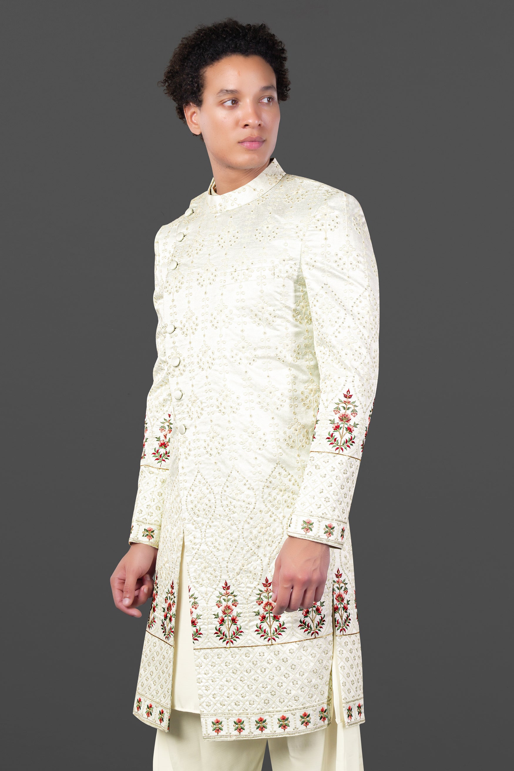 Merino Cream with Finch Green Cross Placket Bandhgala Thread and Sequin Embroidered Indo-Western Sherwani Set