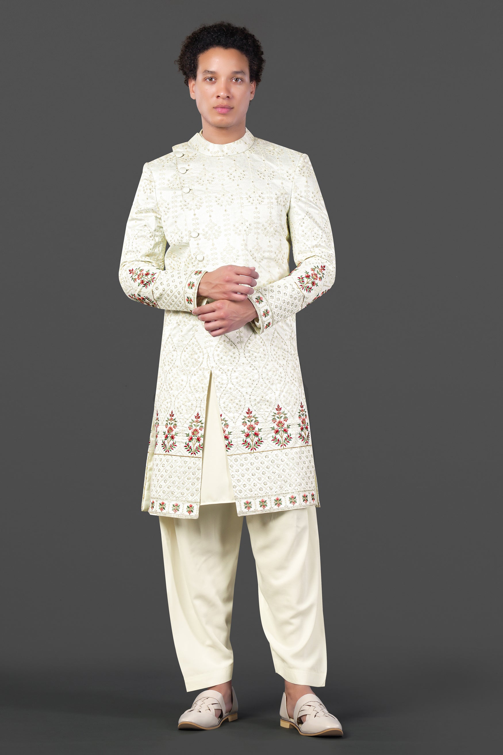 Merino Cream with Finch Green Cross Placket Bandhgala Thread and Sequin Embroidered Indo-Western Sherwani Set