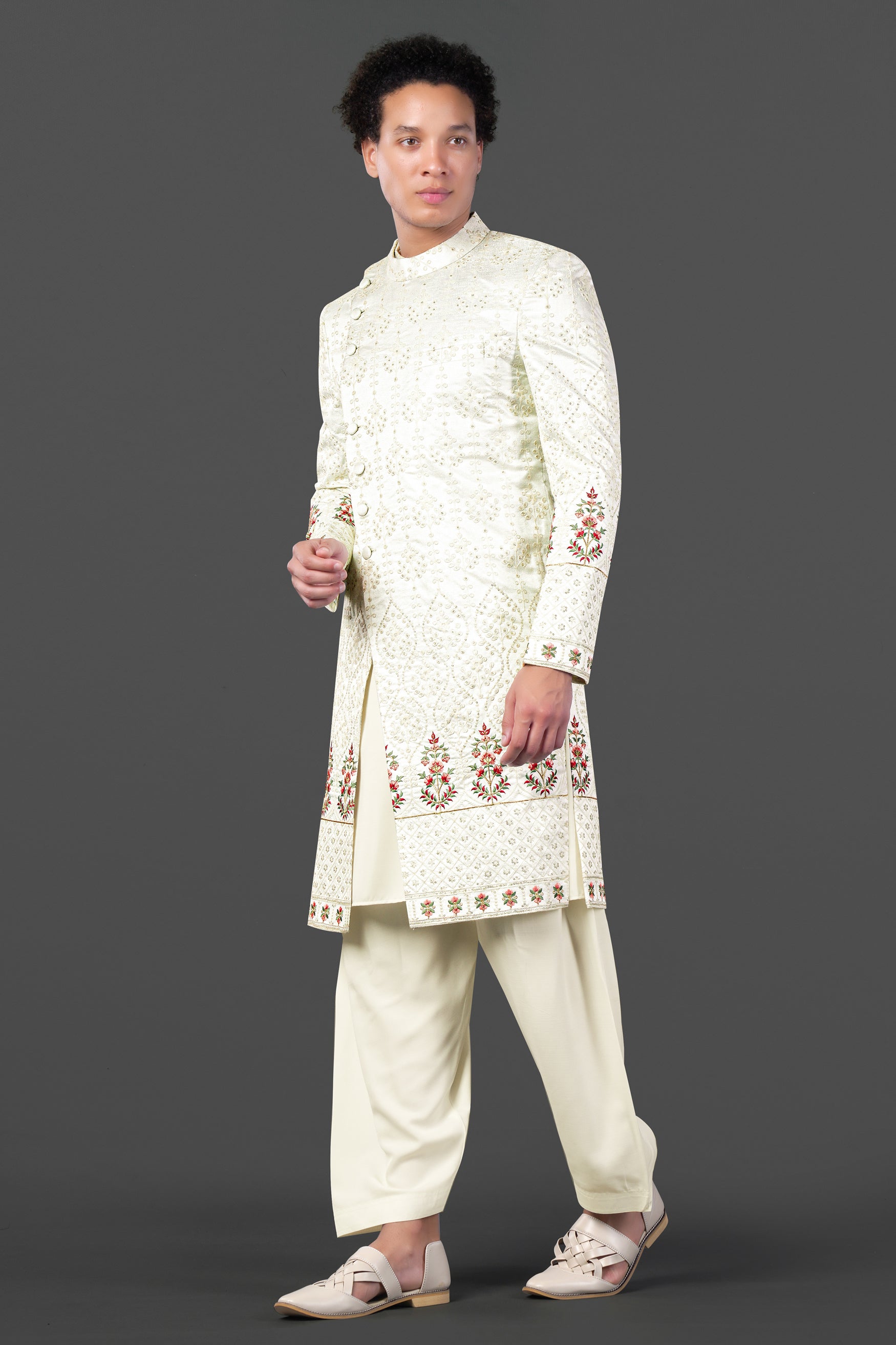 Merino Cream with Finch Green Cross Placket Bandhgala Thread and Sequin Embroidered Indo-Western Sherwani Set