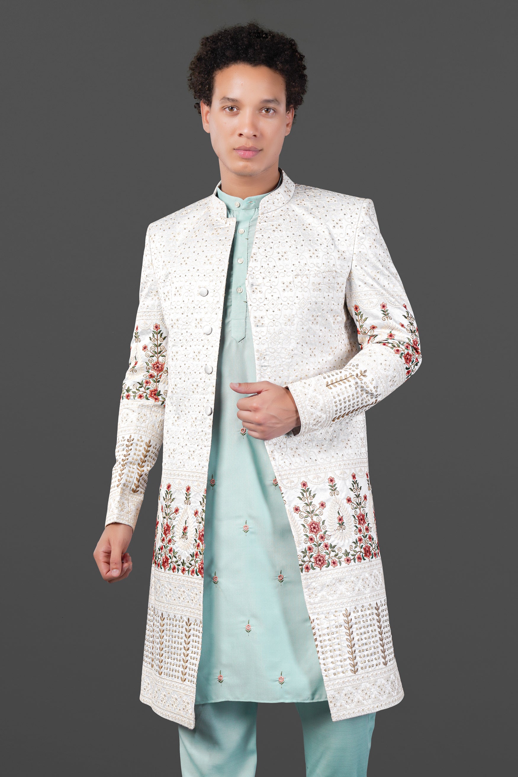 Merino Cream and Apricot Peach Multicolour Thread and Sequin Embroidered Indo-Western Sherwani Set