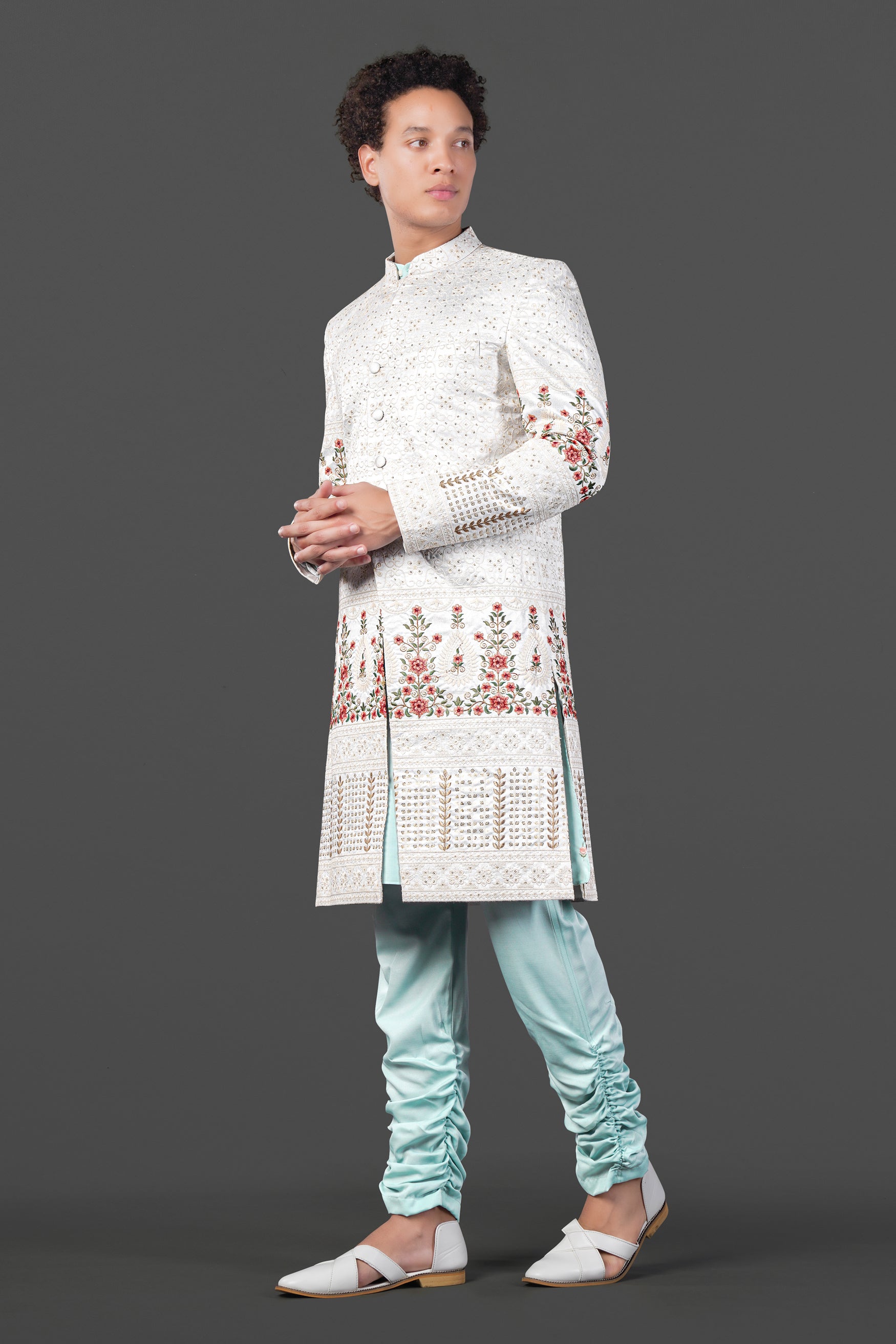 Merino Cream and Apricot Peach Multicolour Thread and Sequin Embroidered Indo-Western Sherwani Set