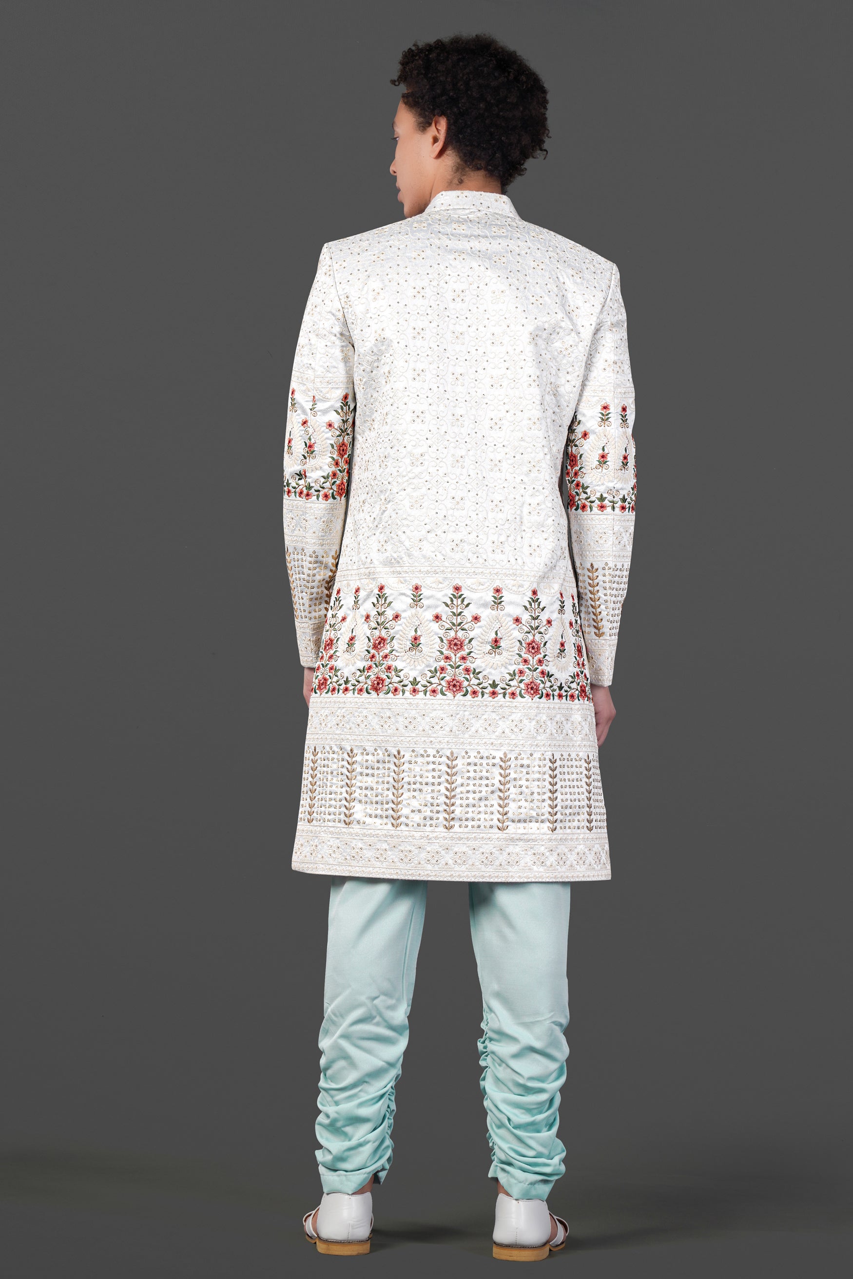 Merino Cream and Apricot Peach Multicolour Thread and Sequin Embroidered Indo-Western Sherwani Set