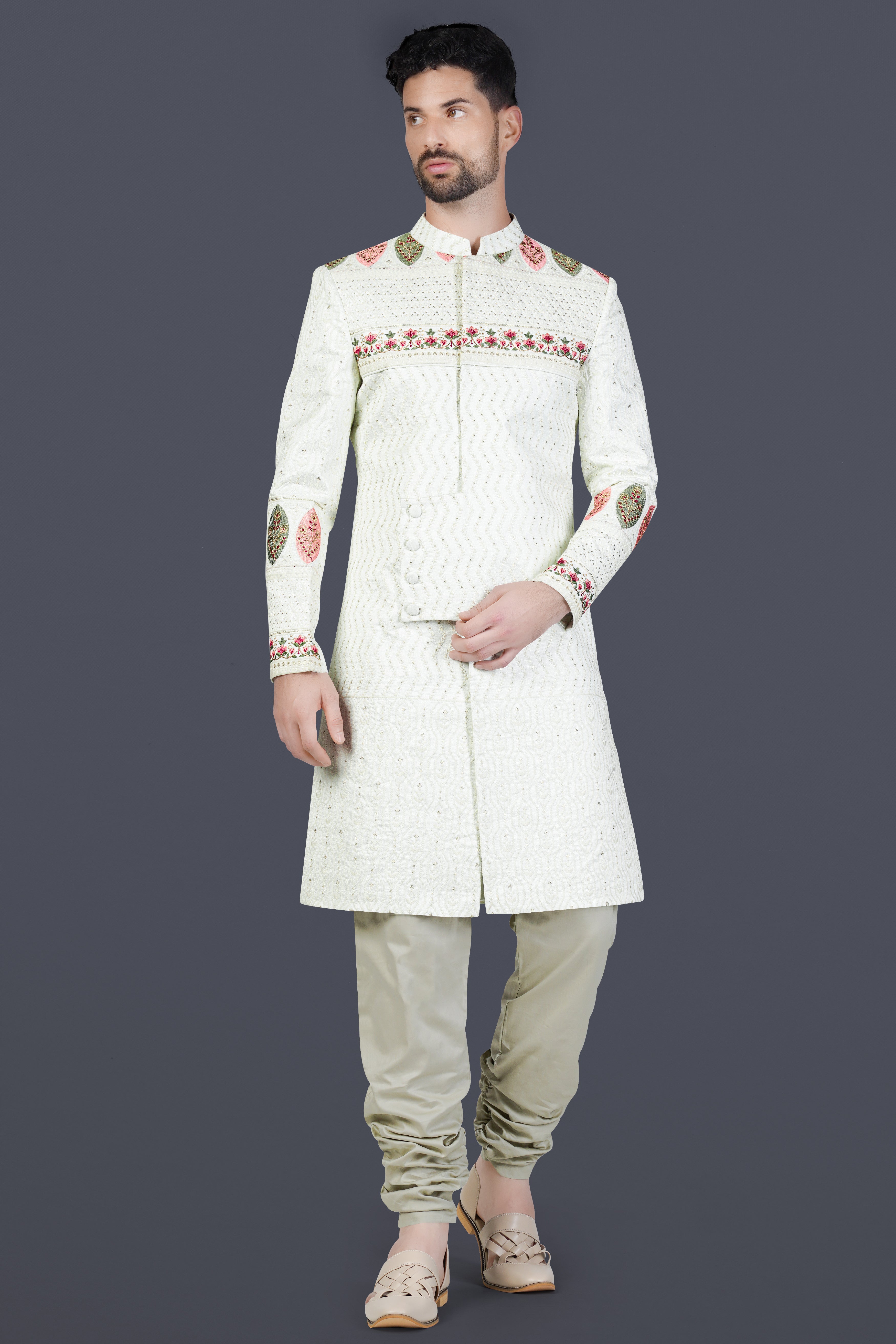 Frost Cream and Hazel Green Thread and Sequin Embroidered Indo-Western Sherwani Set