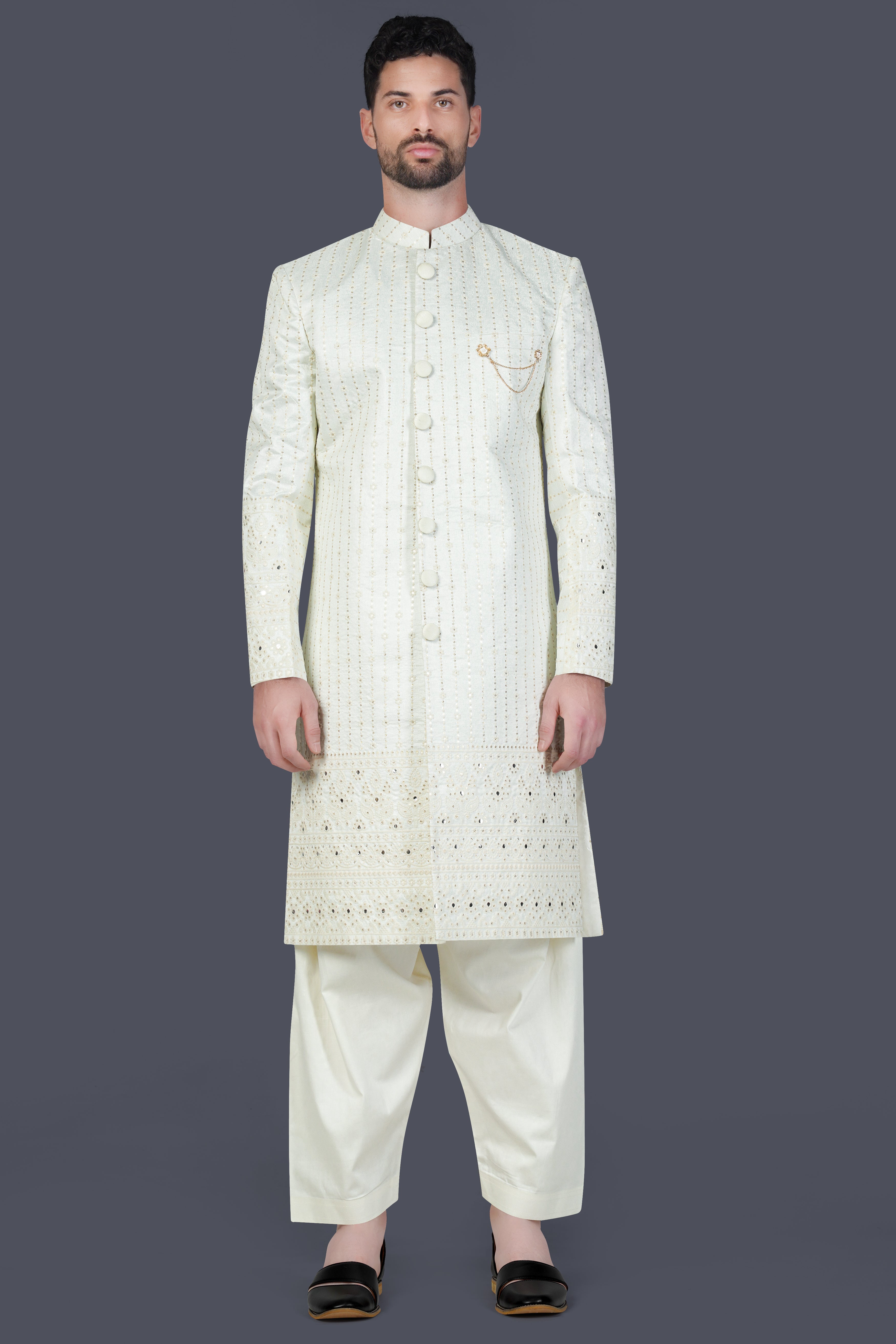 Periglacial Cream Sequin Embroidered Indo-Western Sherwani Set