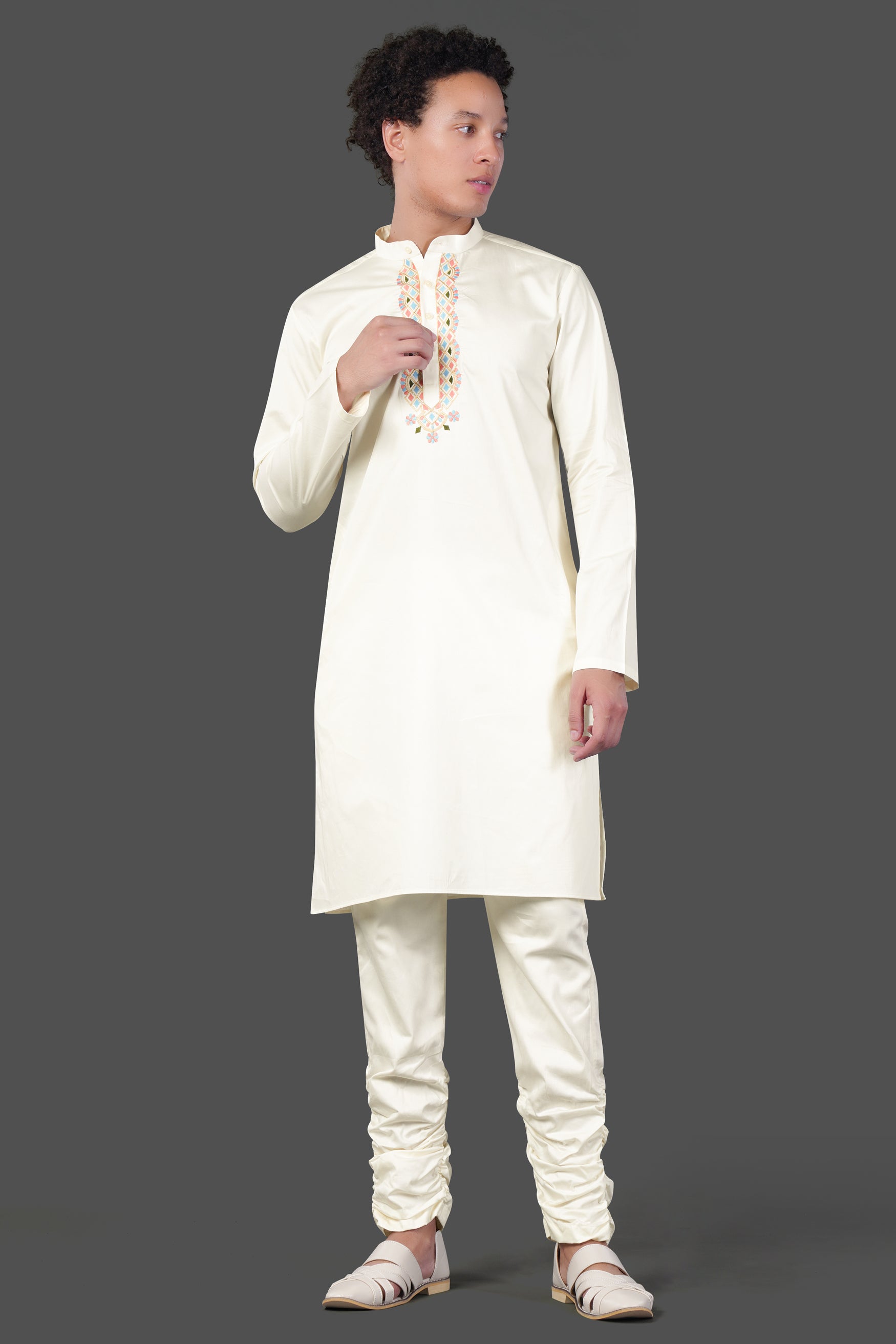 Merino Cream Multicolour Thread and Sequin Embroidered Indo-Western Sherwani