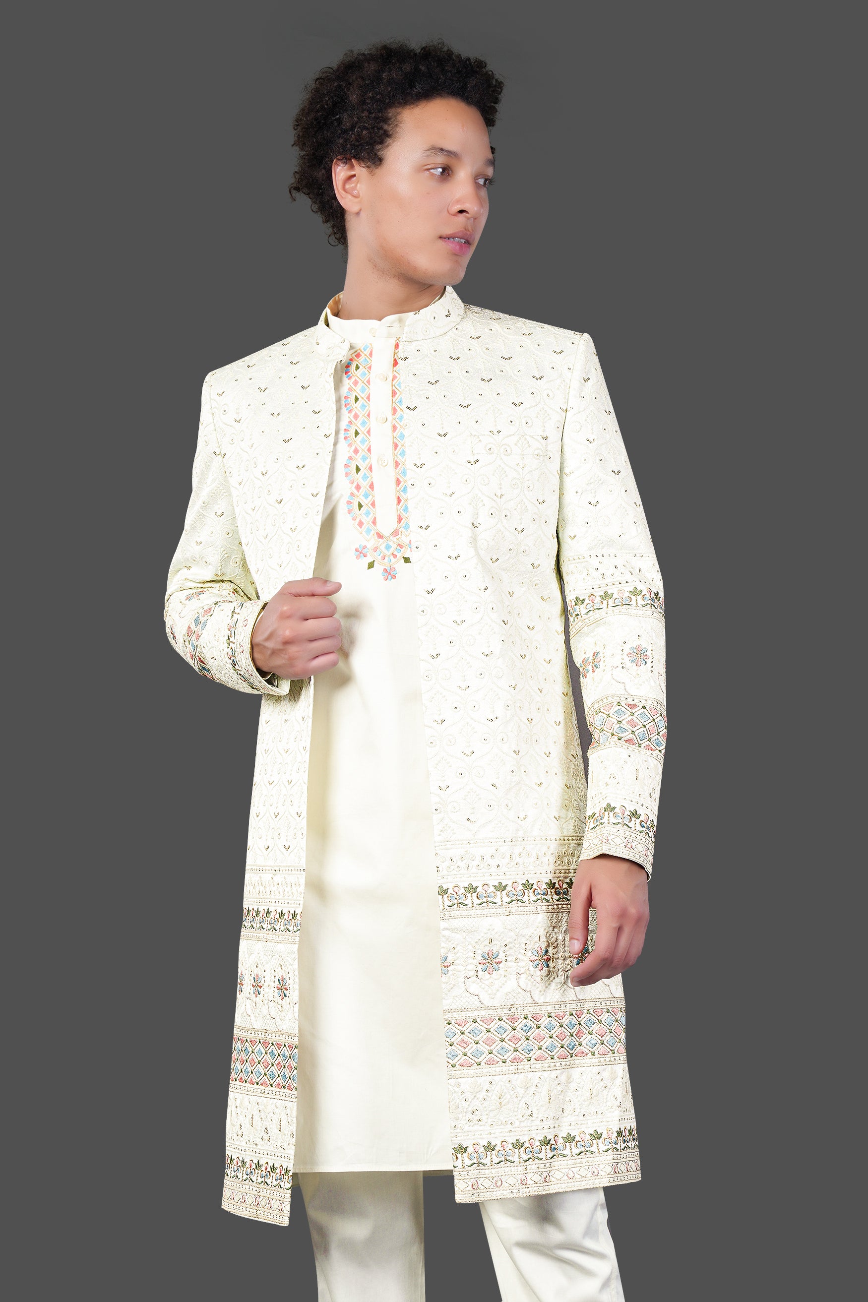 Merino Cream Multicolour Thread and Sequin Embroidered Indo-Western Sherwani