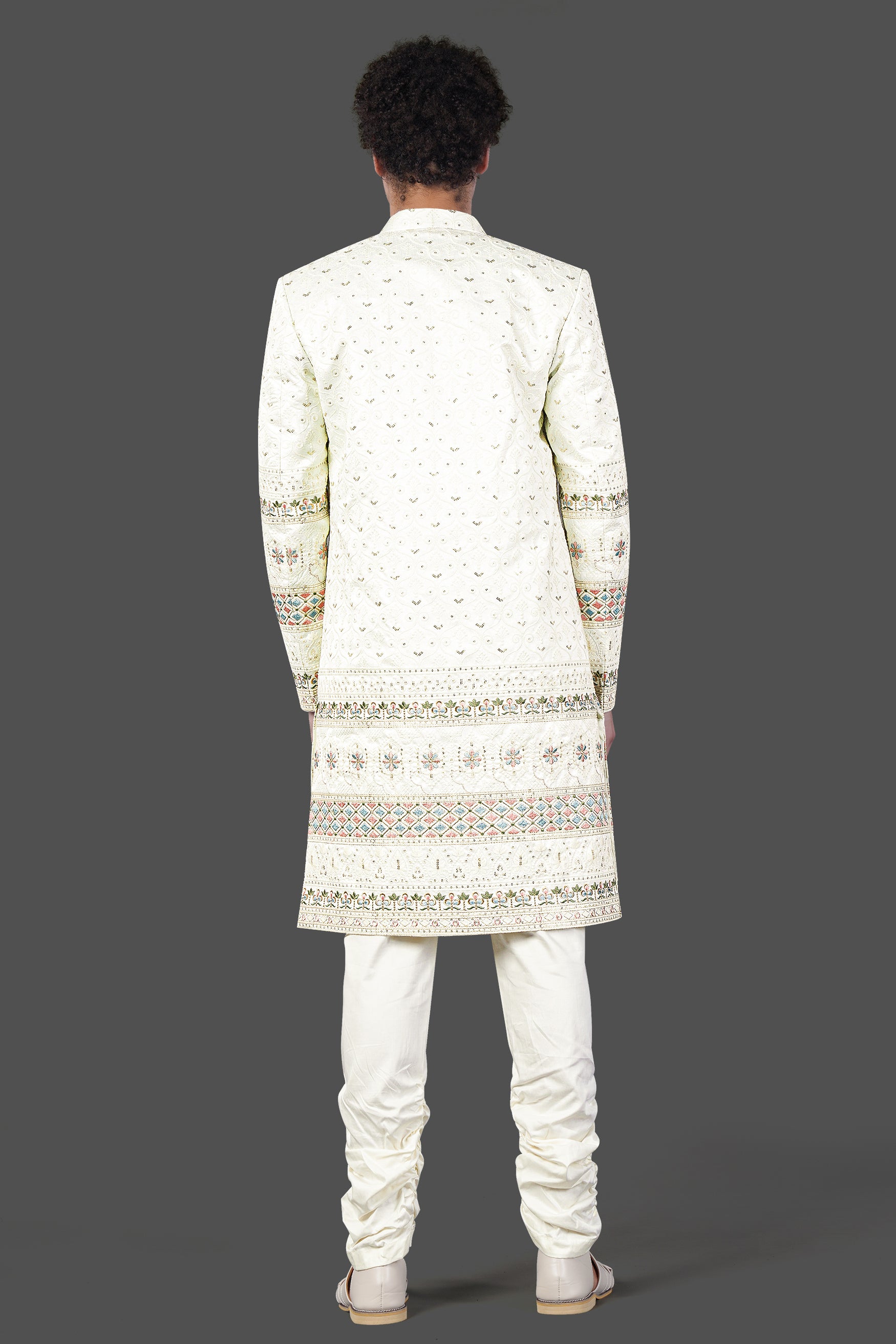 Merino Cream Multicolour Thread and Sequin Embroidered Indo-Western Sherwani