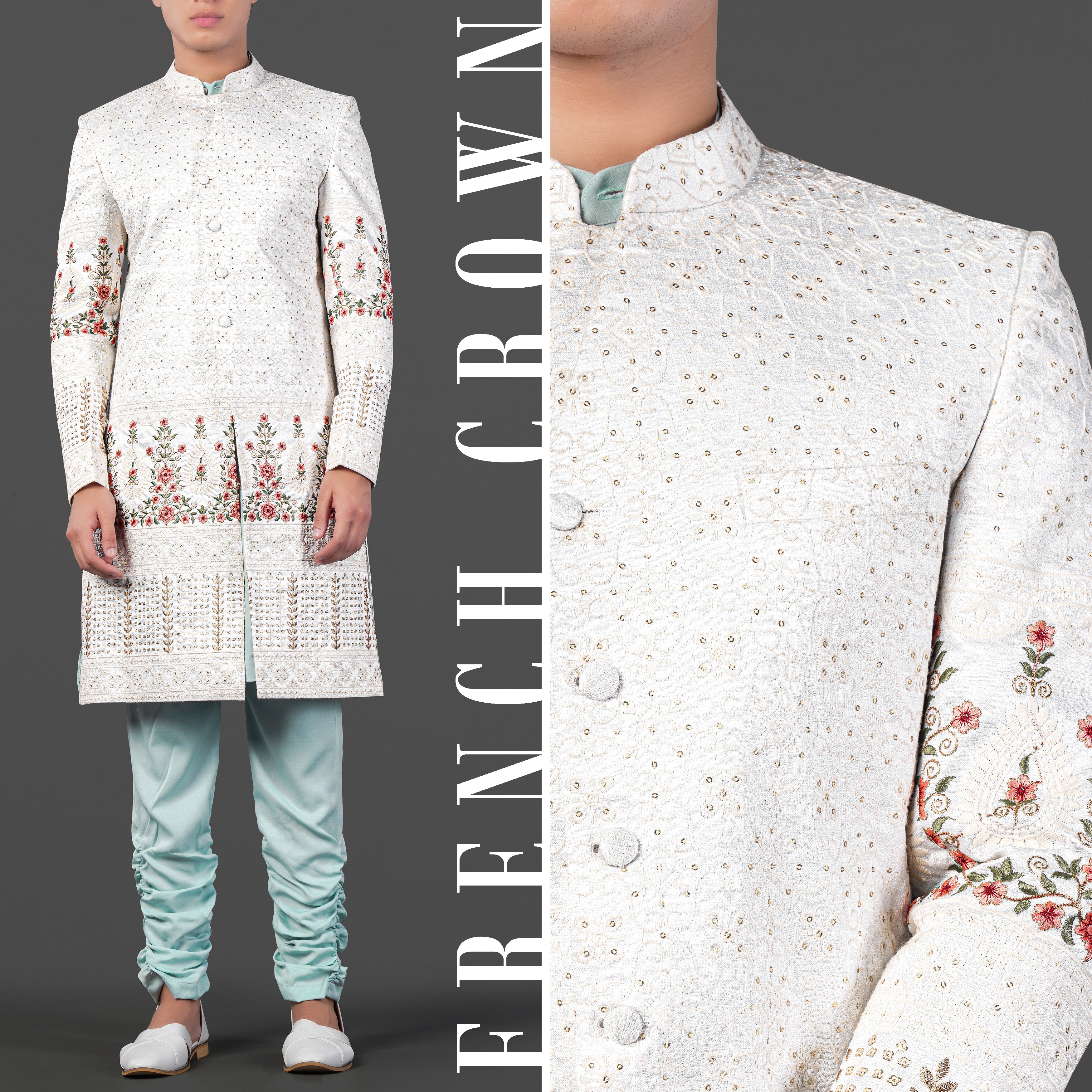 Merino Cream and Apricot Peach Multicolour Thread and Sequin Embroidered Indo-Western Sherwani