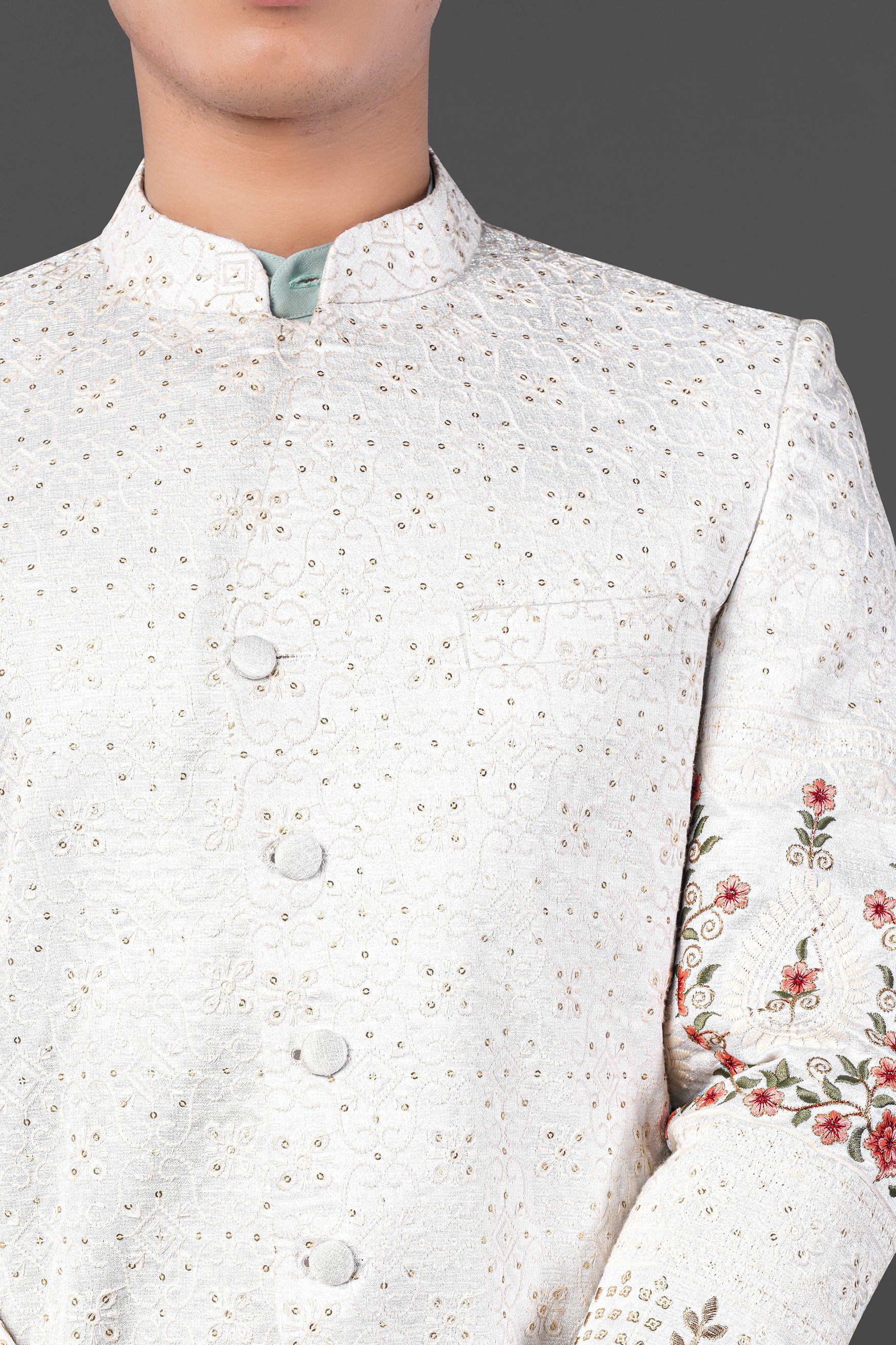 Merino Cream and Apricot Peach Multicolour Thread and Sequin Embroidered Indo-Western Sherwani