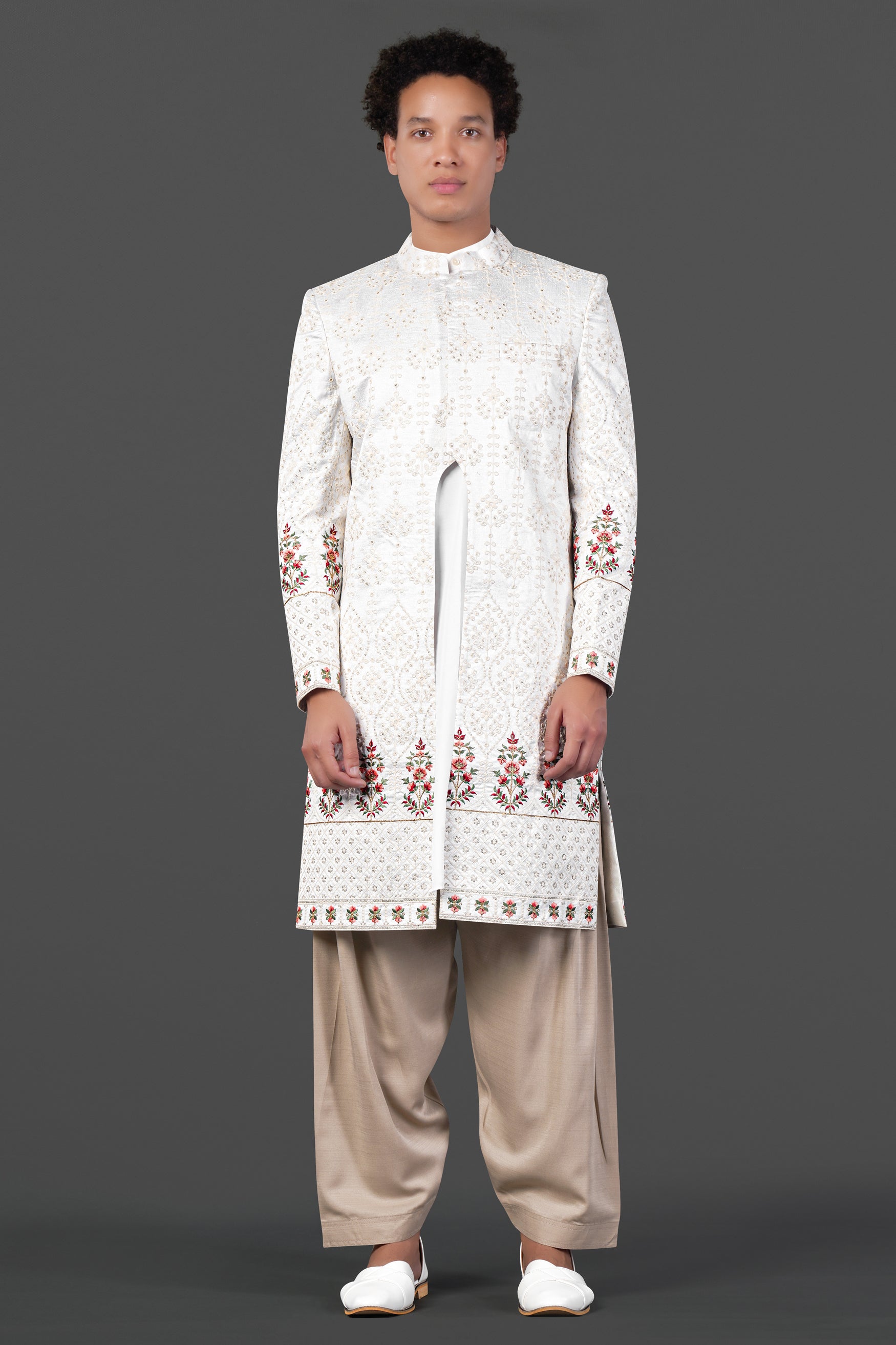Merino Cream and Merlot Red Multicolour Thread and Sequin Embroidered Indo-Western Sherwani
