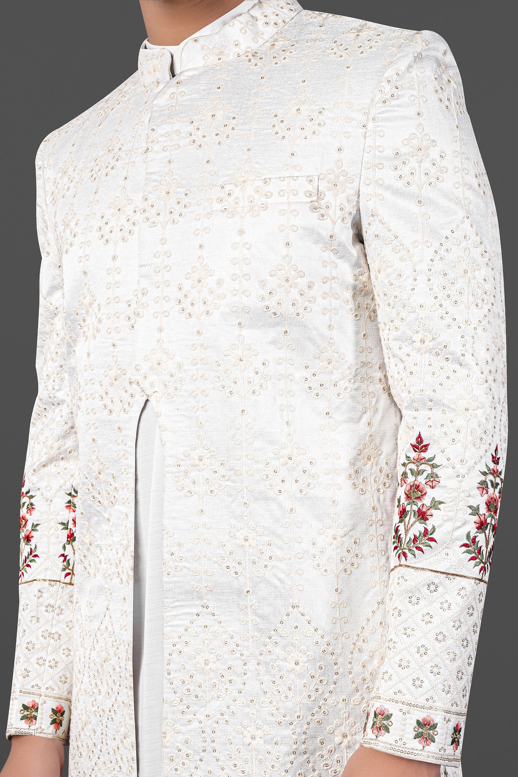 Merino Cream and Merlot Red Multicolour Thread and Sequin Embroidered Indo-Western Sherwani