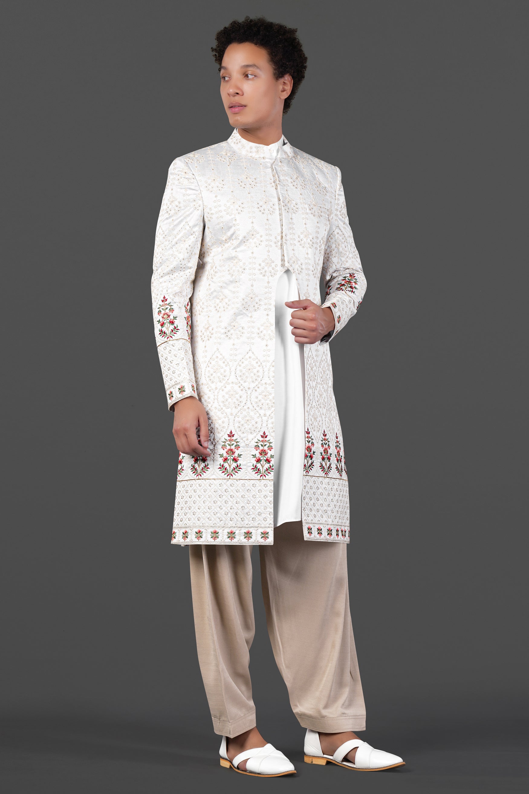 Merino Cream and Merlot Red Multicolour Thread and Sequin Embroidered Indo-Western Sherwani