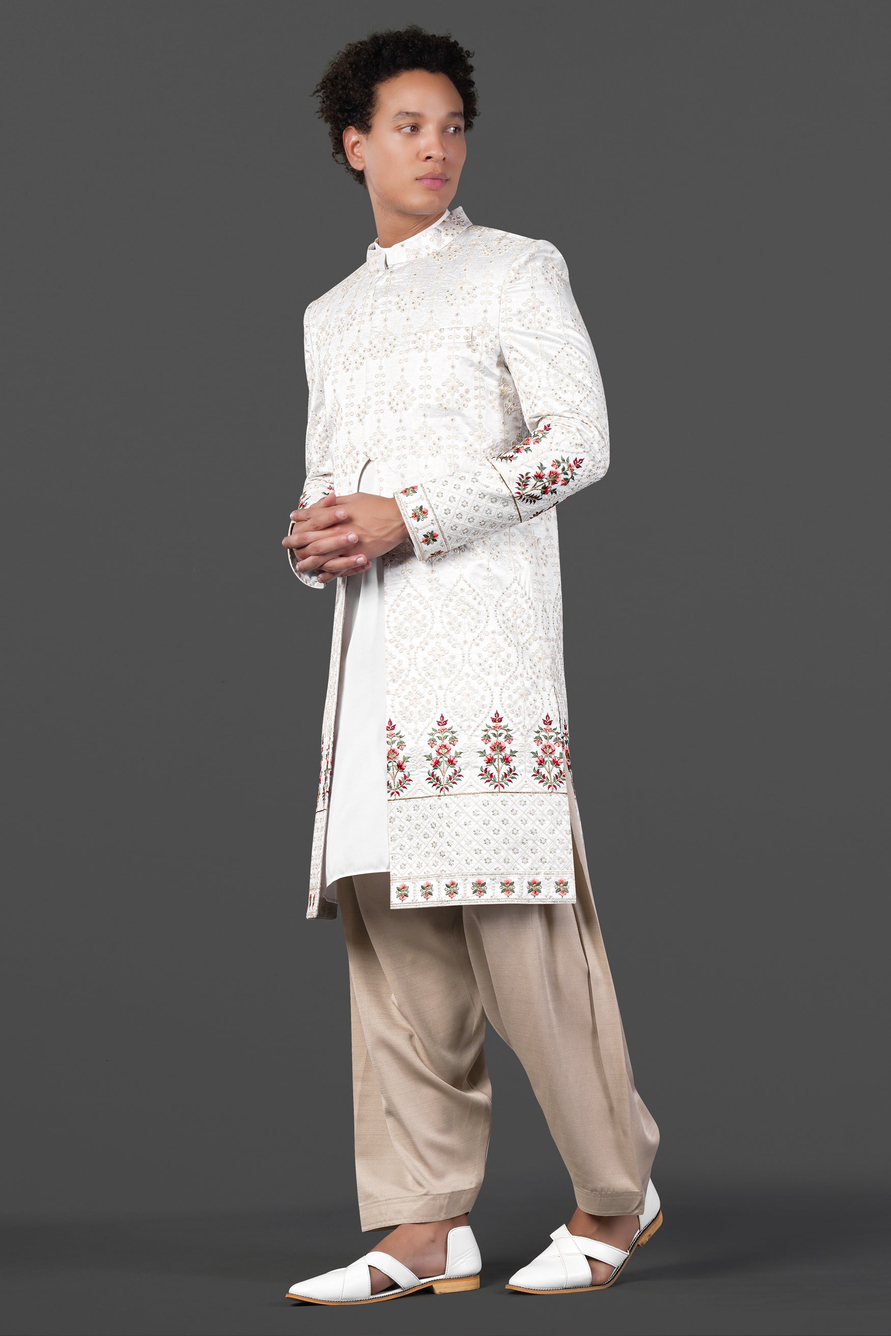 Merino Cream and Merlot Red Multicolour Thread and Sequin Embroidered Indo-Western Sherwani