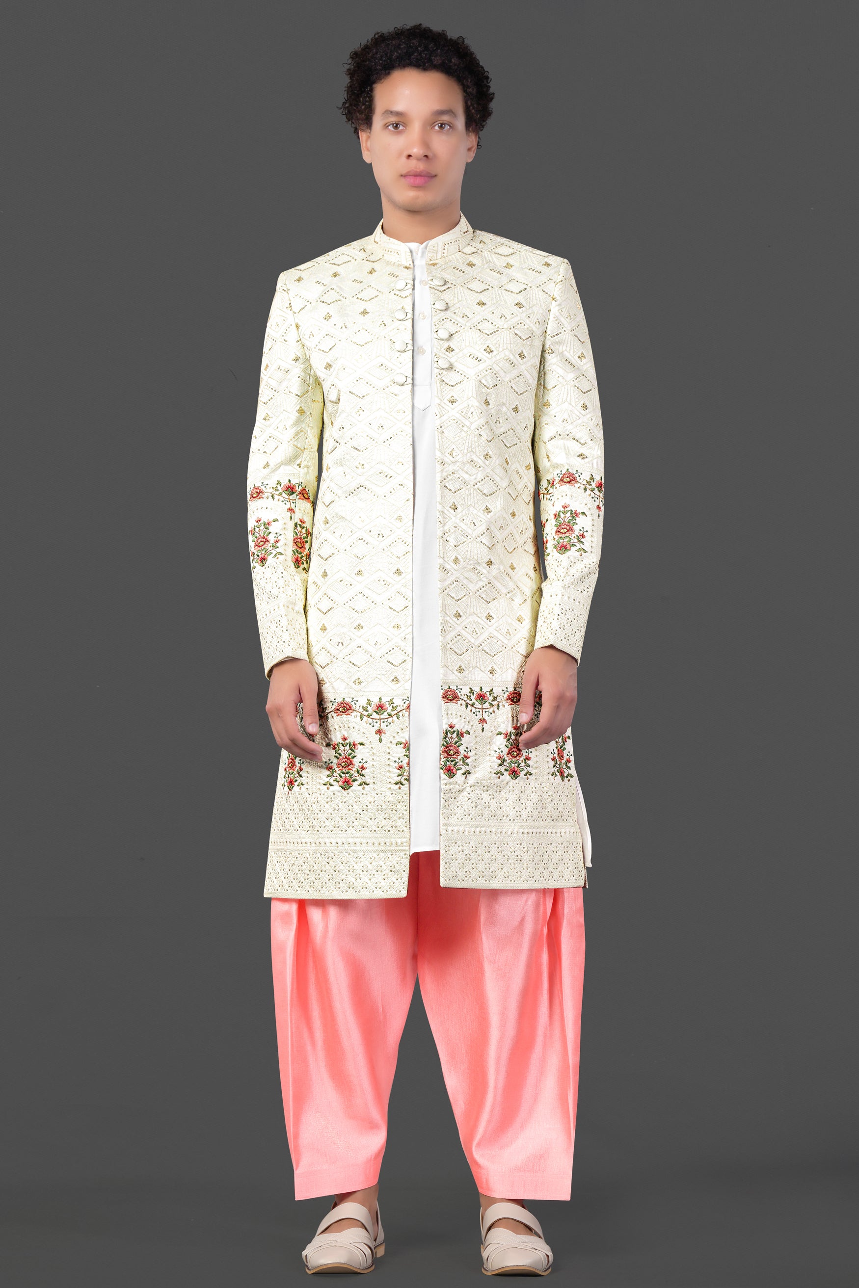 Porcelain Cream and Apricot Peach Multicolour Thread and Sequin Embroidered Indo-Western Sherwani Set