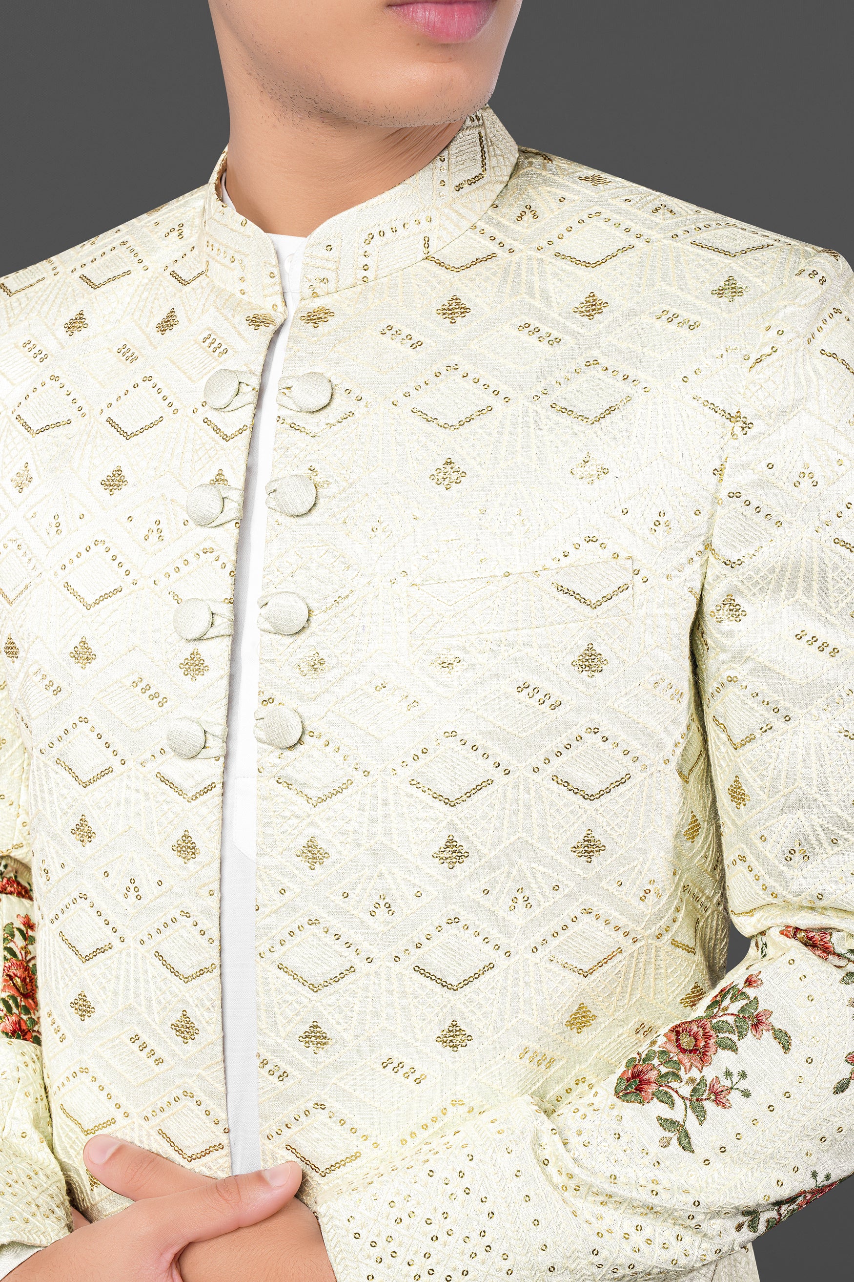 Porcelain Cream and Apricot Peach Multicolour Thread and Sequin Embroidered Indo-Western Sherwani Set