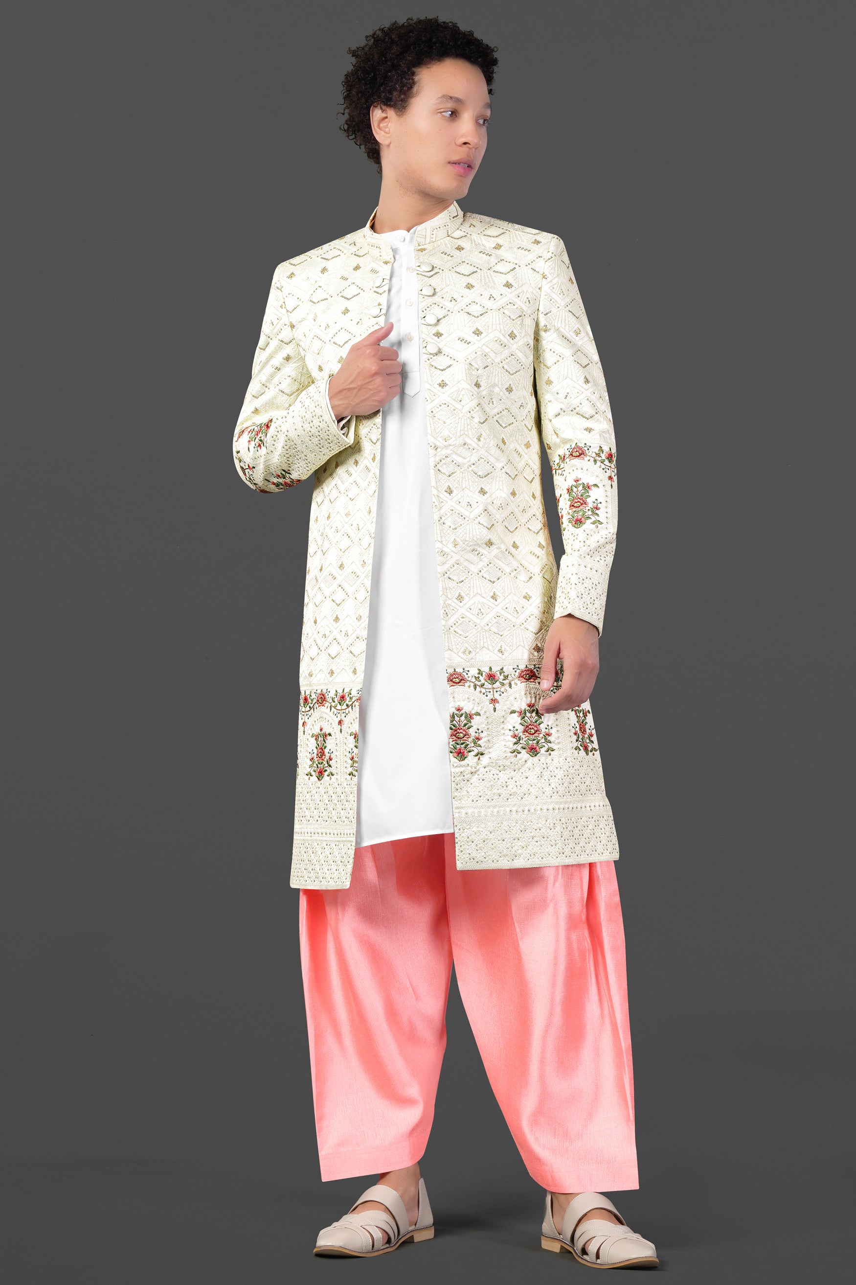 Porcelain Cream and Apricot Peach Multicolour Thread and Sequin Embroidered Indo-Western Sherwani Set