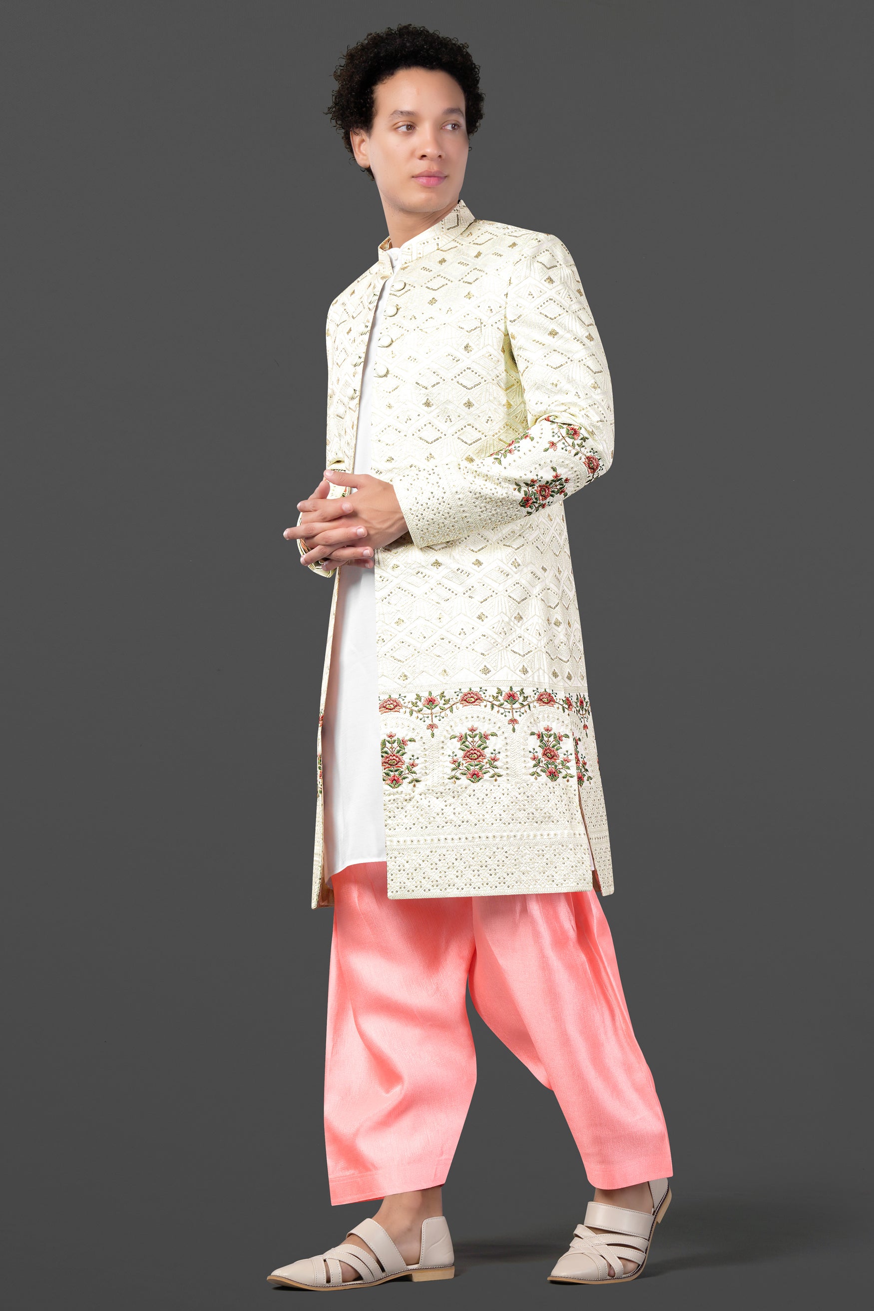 Porcelain Cream and Apricot Peach Multicolour Thread and Sequin Embroidered Indo-Western Sherwani Set