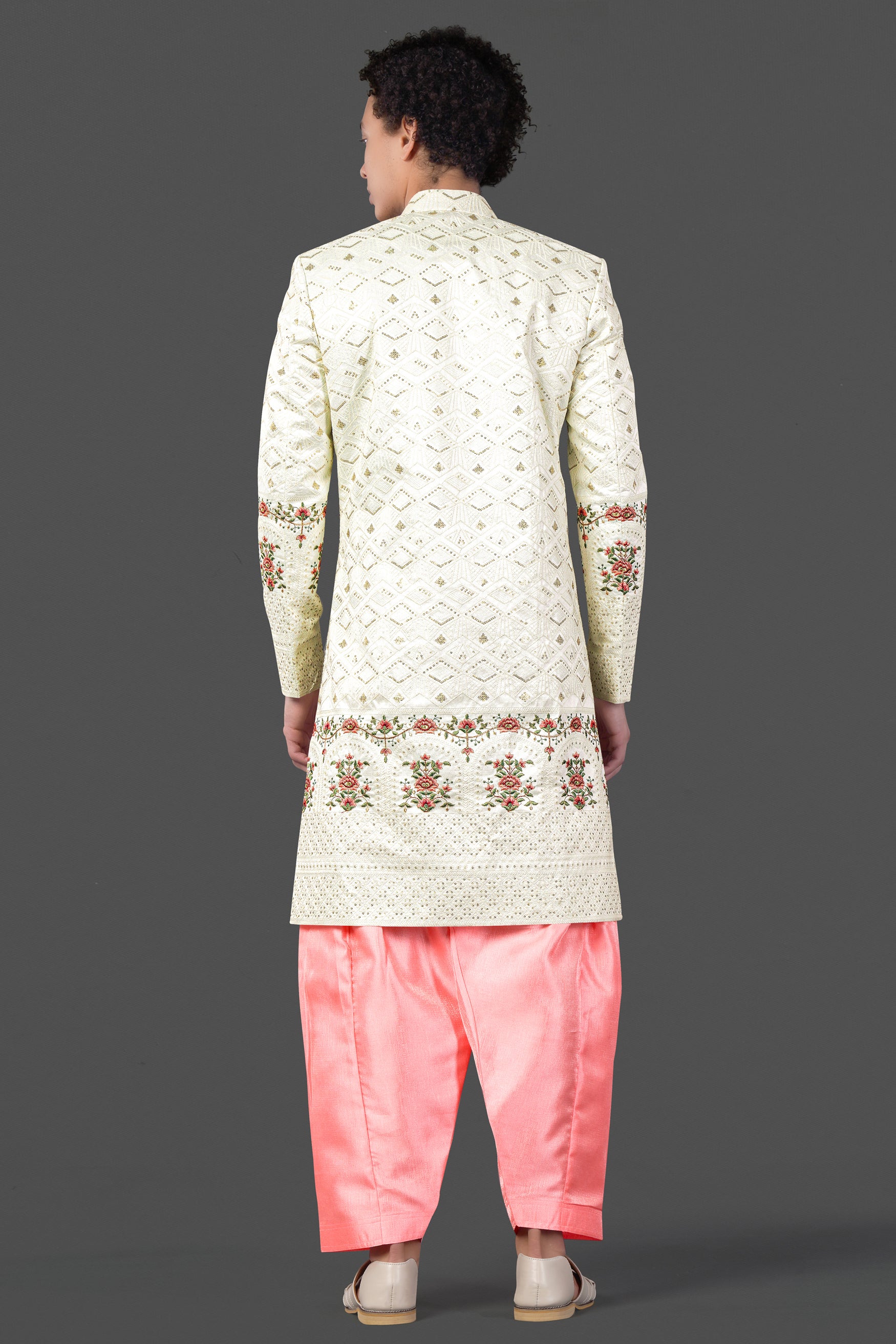 Porcelain Cream and Apricot Peach Multicolour Thread and Sequin Embroidered Indo-Western Sherwani Set