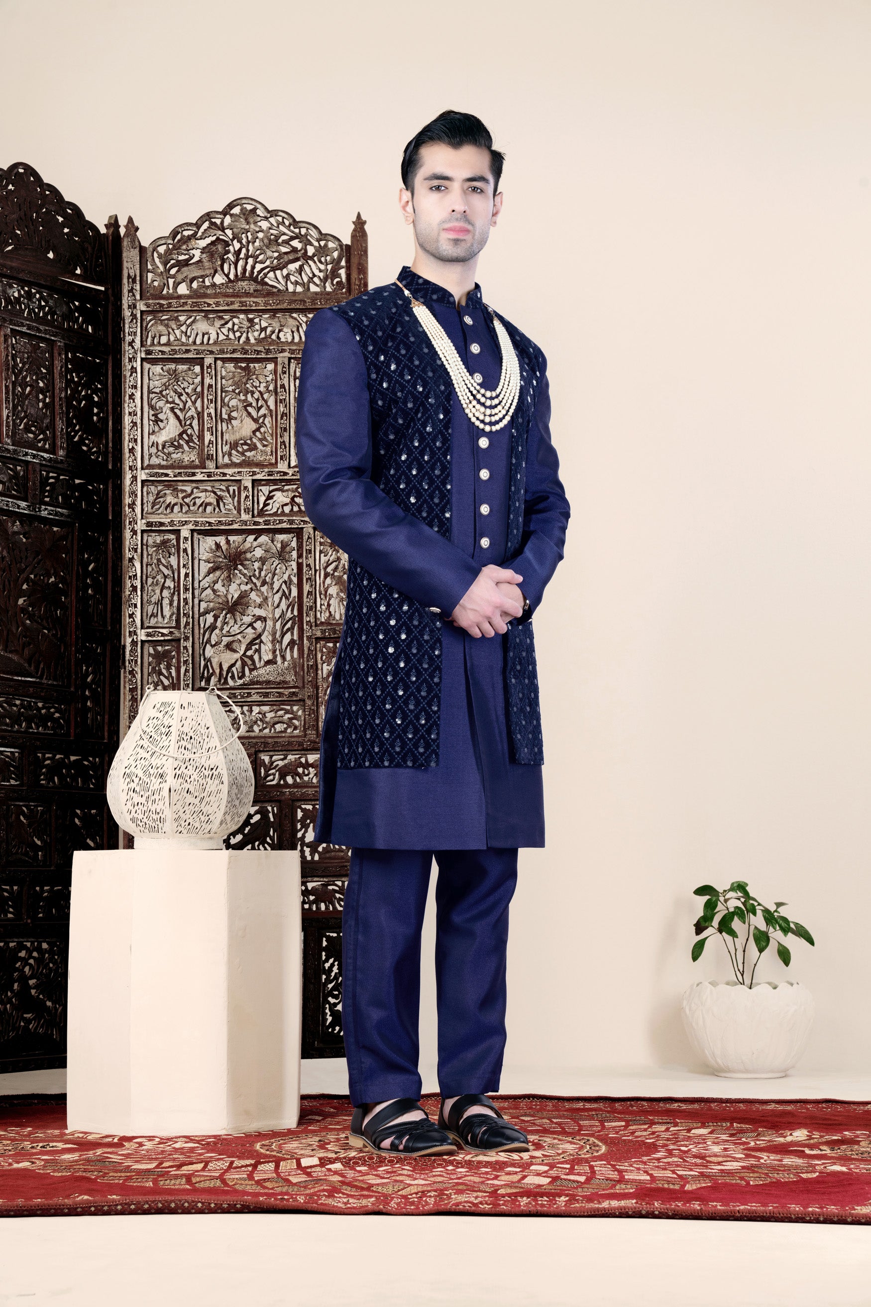 Haiti and Rhino Blue Geometric Thread and Sequin Embroidered Indo-Western