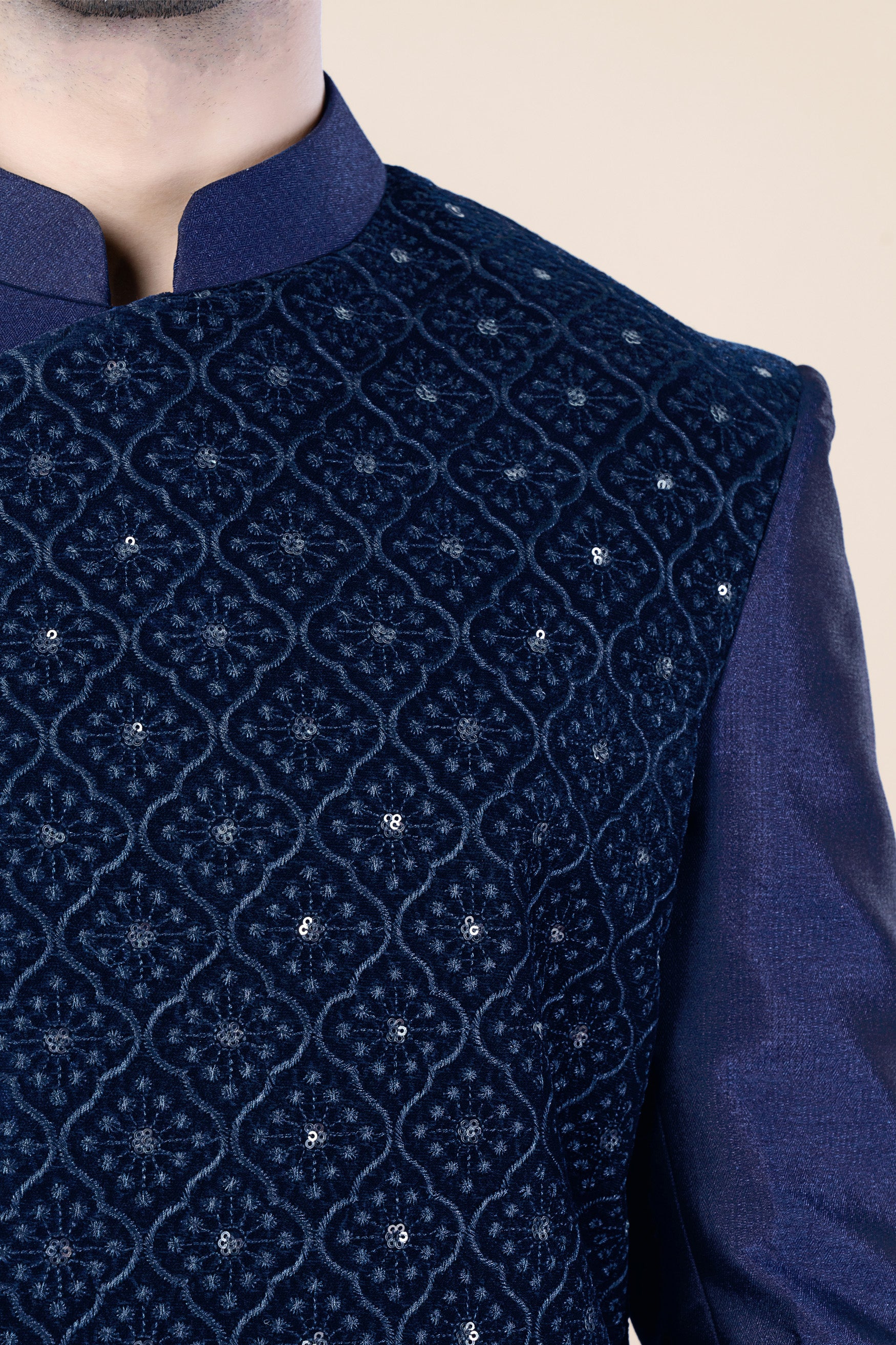 Cloud Burst and Haiti Blue Moroccan Thread and Sequin Embroidered Indo-Western