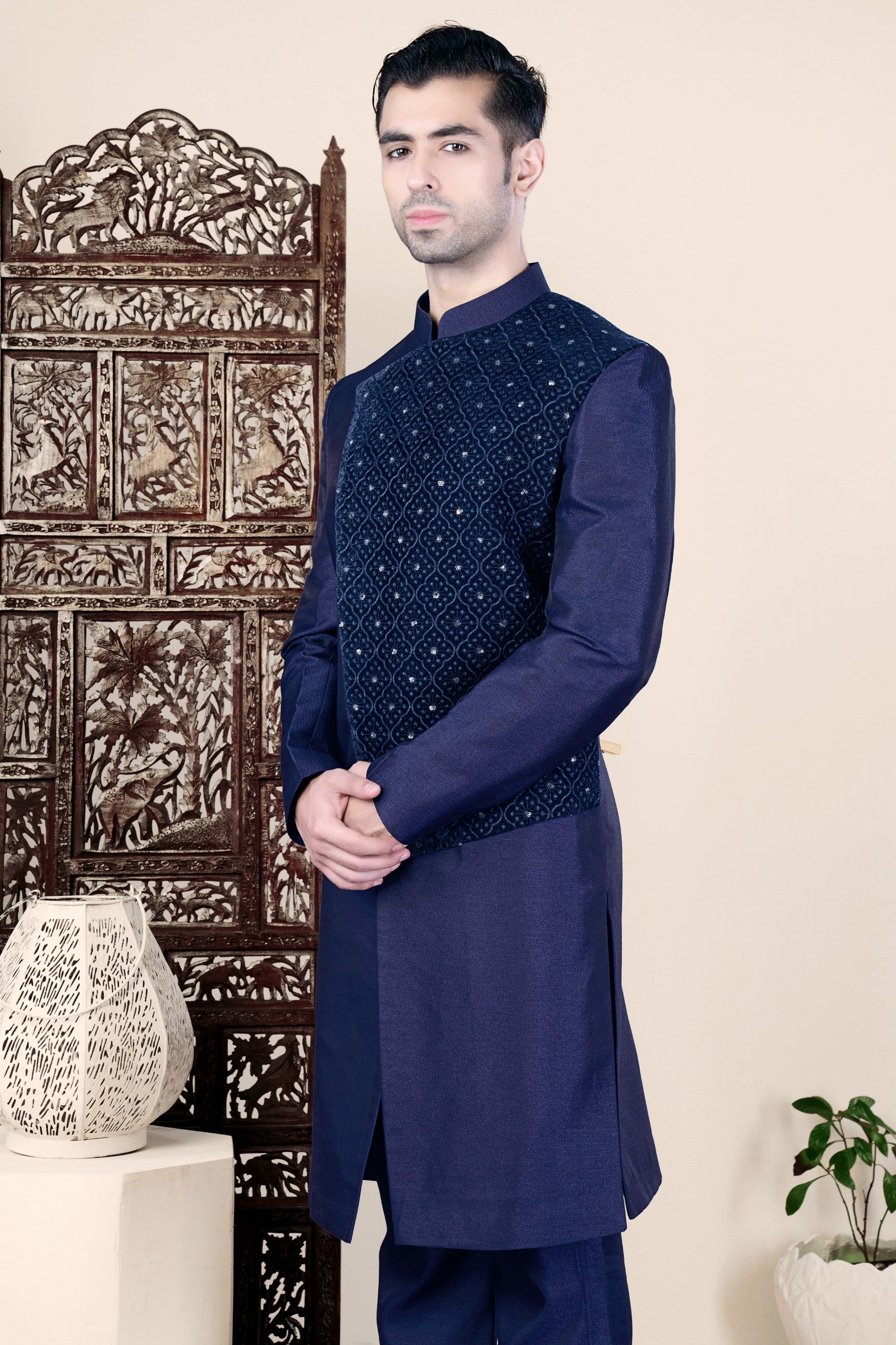 Cloud Burst and Haiti Blue Moroccan Thread and Sequin Embroidered Indo-Western