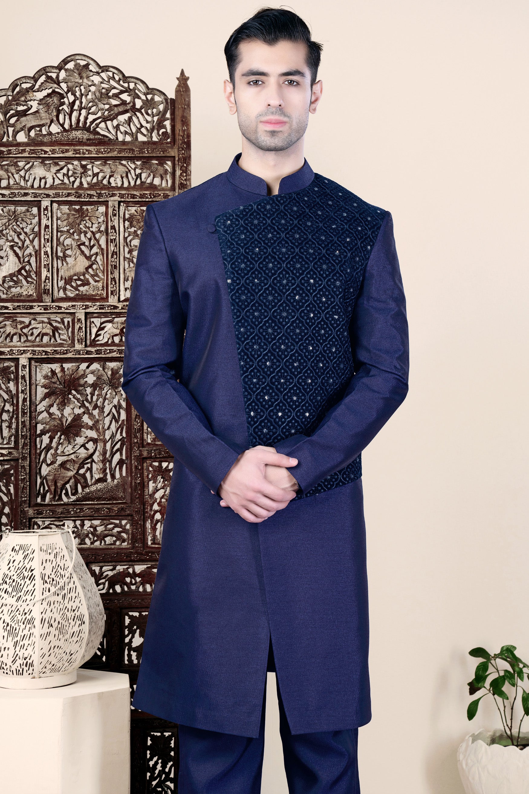 Cloud Burst and Haiti Blue Moroccan Thread and Sequin Embroidered Indo-Western
