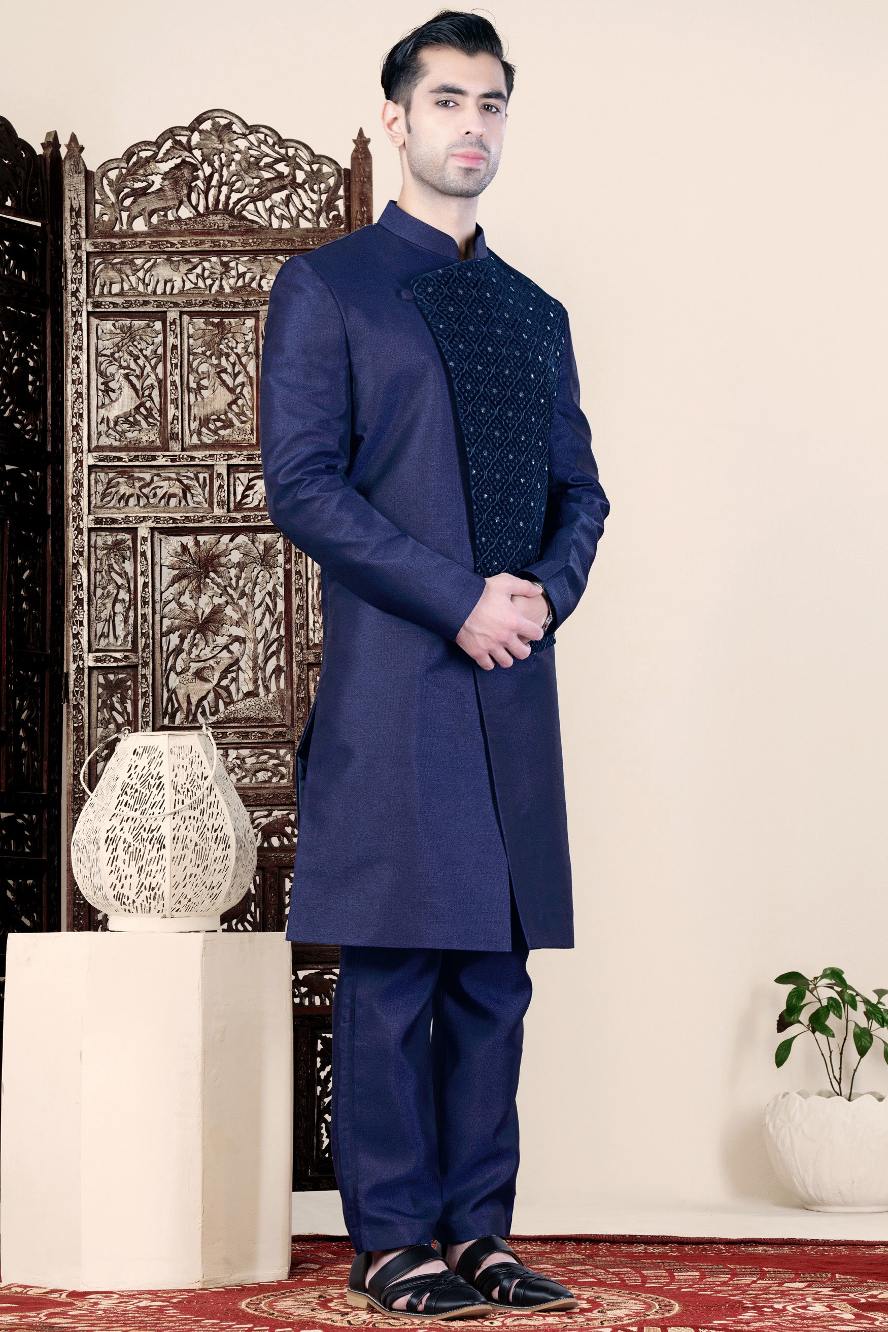Cloud Burst and Haiti Blue Moroccan Thread and Sequin Embroidered Indo-Western