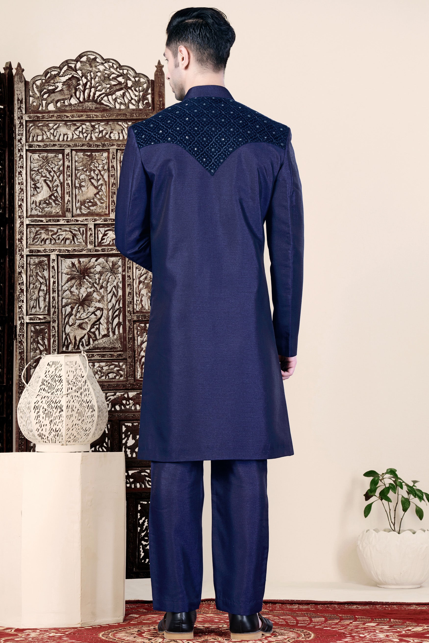 Cloud Burst and Haiti Blue Moroccan Thread and Sequin Embroidered Indo-Western