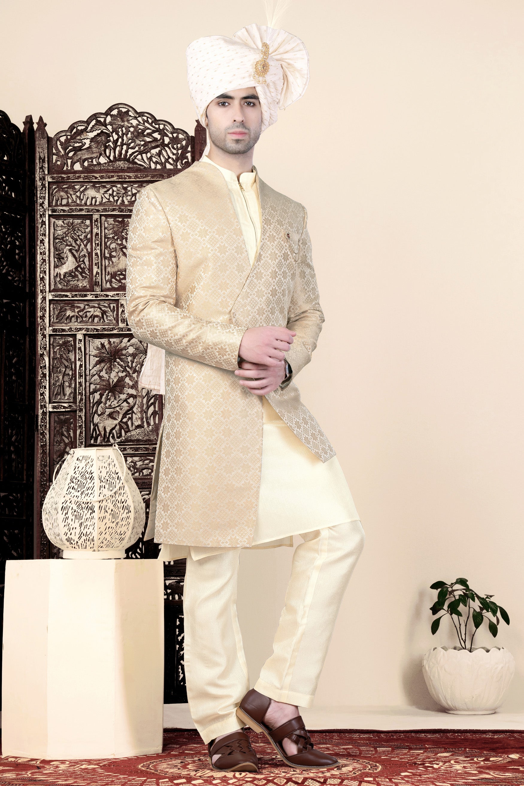 Cameo Brown and Ecru Cream Jacquard Weave Indo-Western