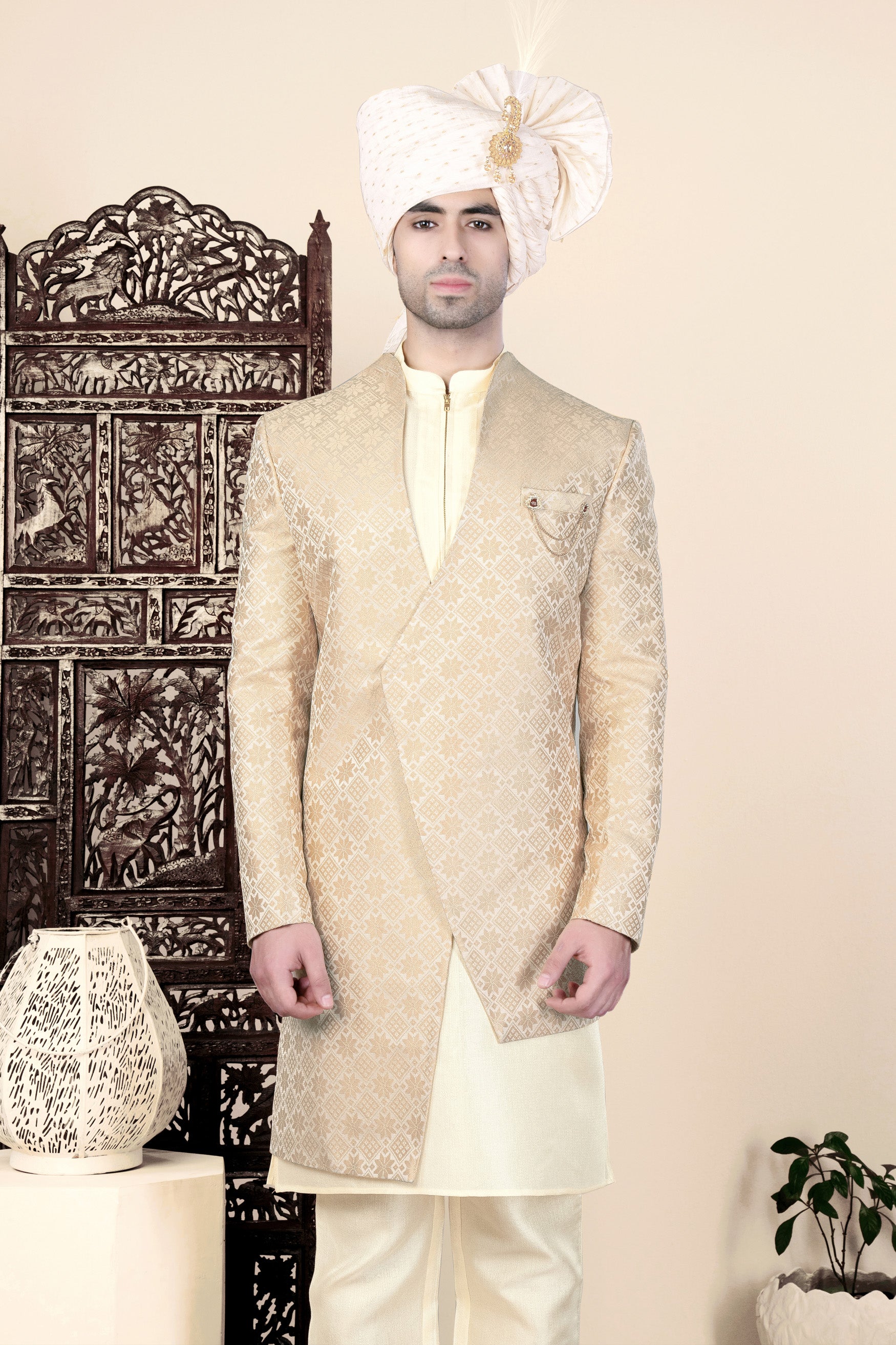 Cameo Brown and Ecru Cream Jacquard Weave Indo-Western