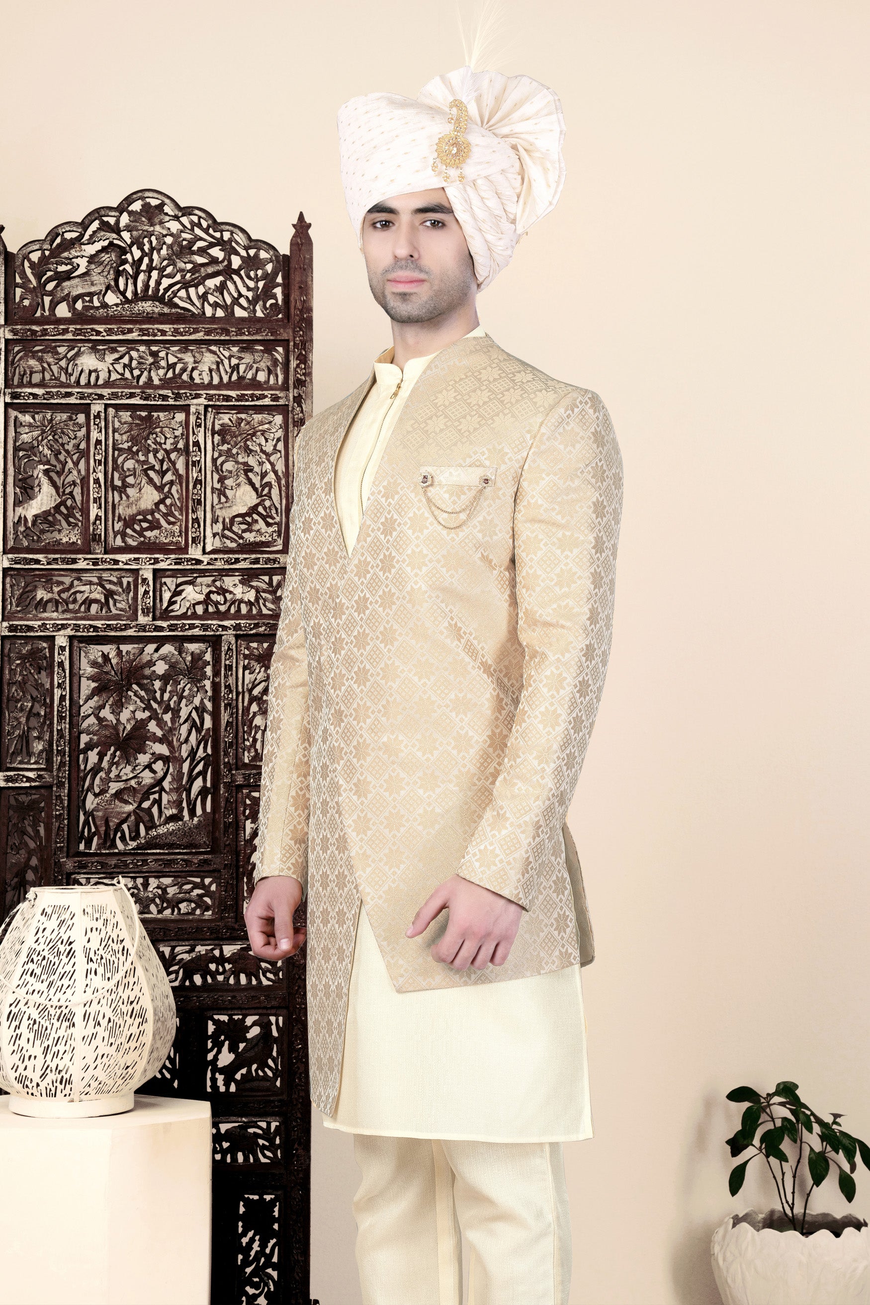 Cameo Brown and Ecru Cream Jacquard Weave Indo-Western