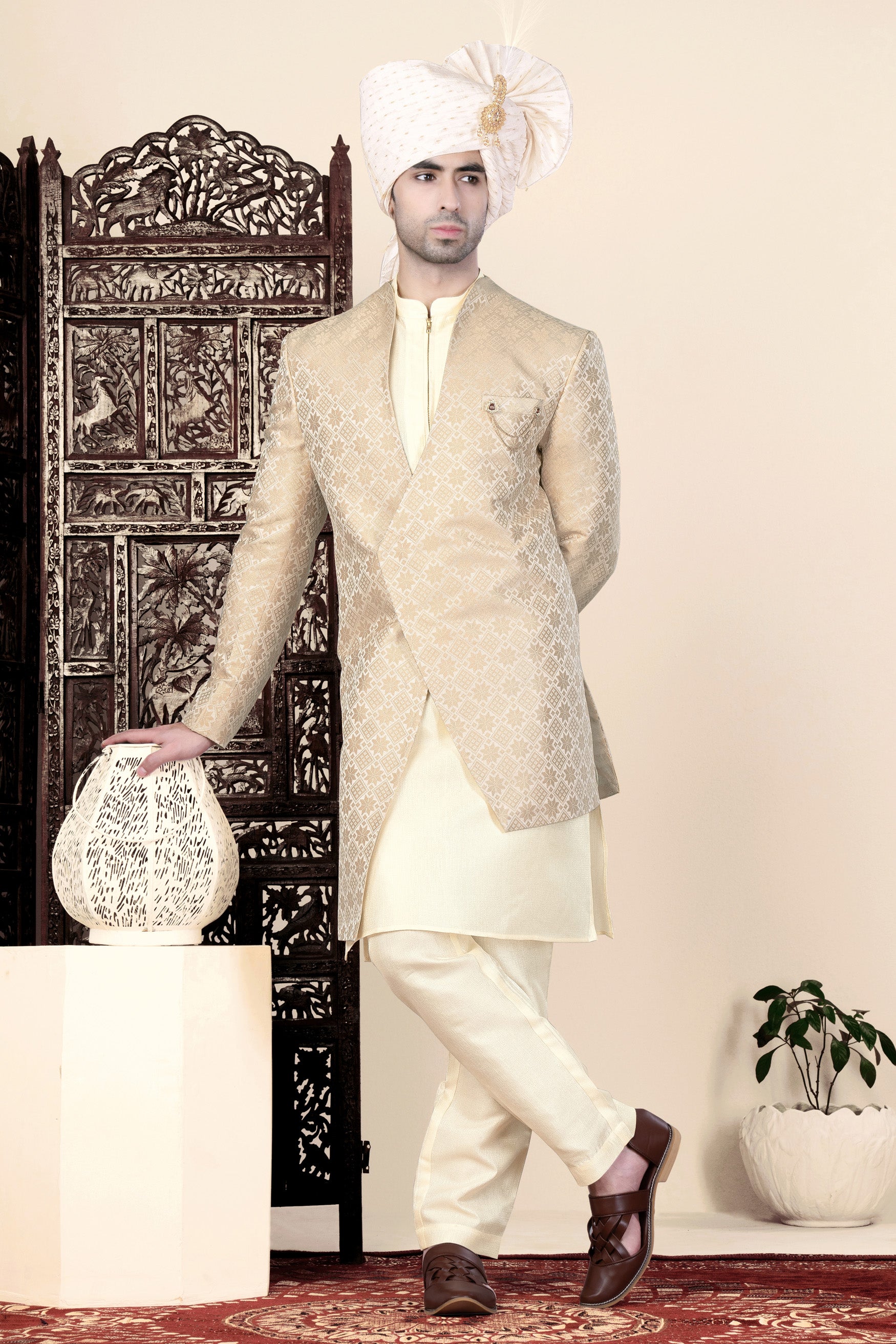 Cameo Brown and Ecru Cream Jacquard Weave Indo-Western