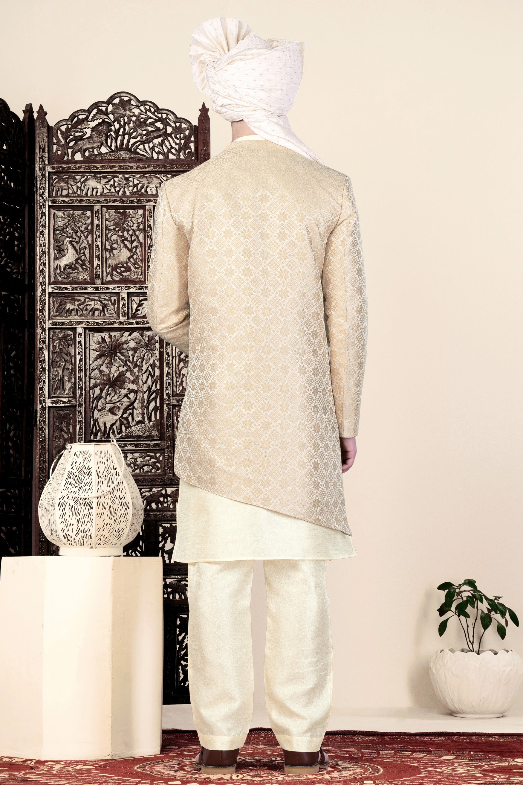 Cameo Brown and Ecru Cream Jacquard Weave Indo-Western