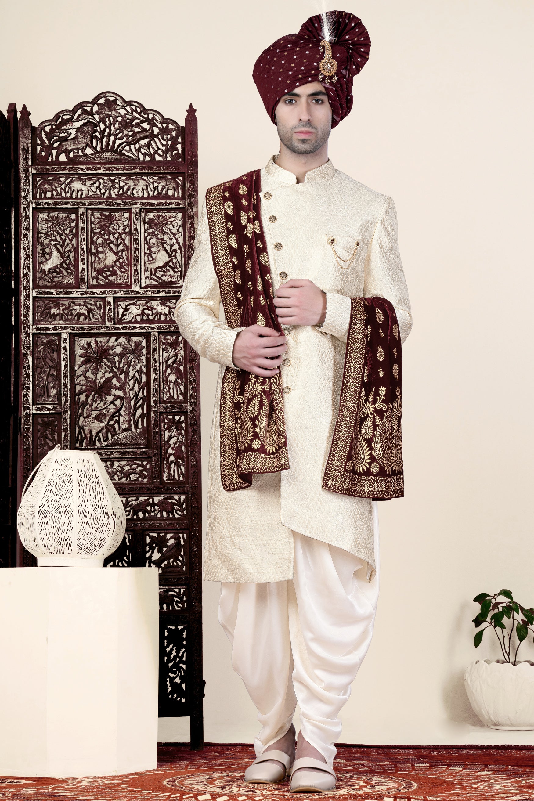Ebb Cream Trellis Jacquard Weave Indo-Western Sherwani