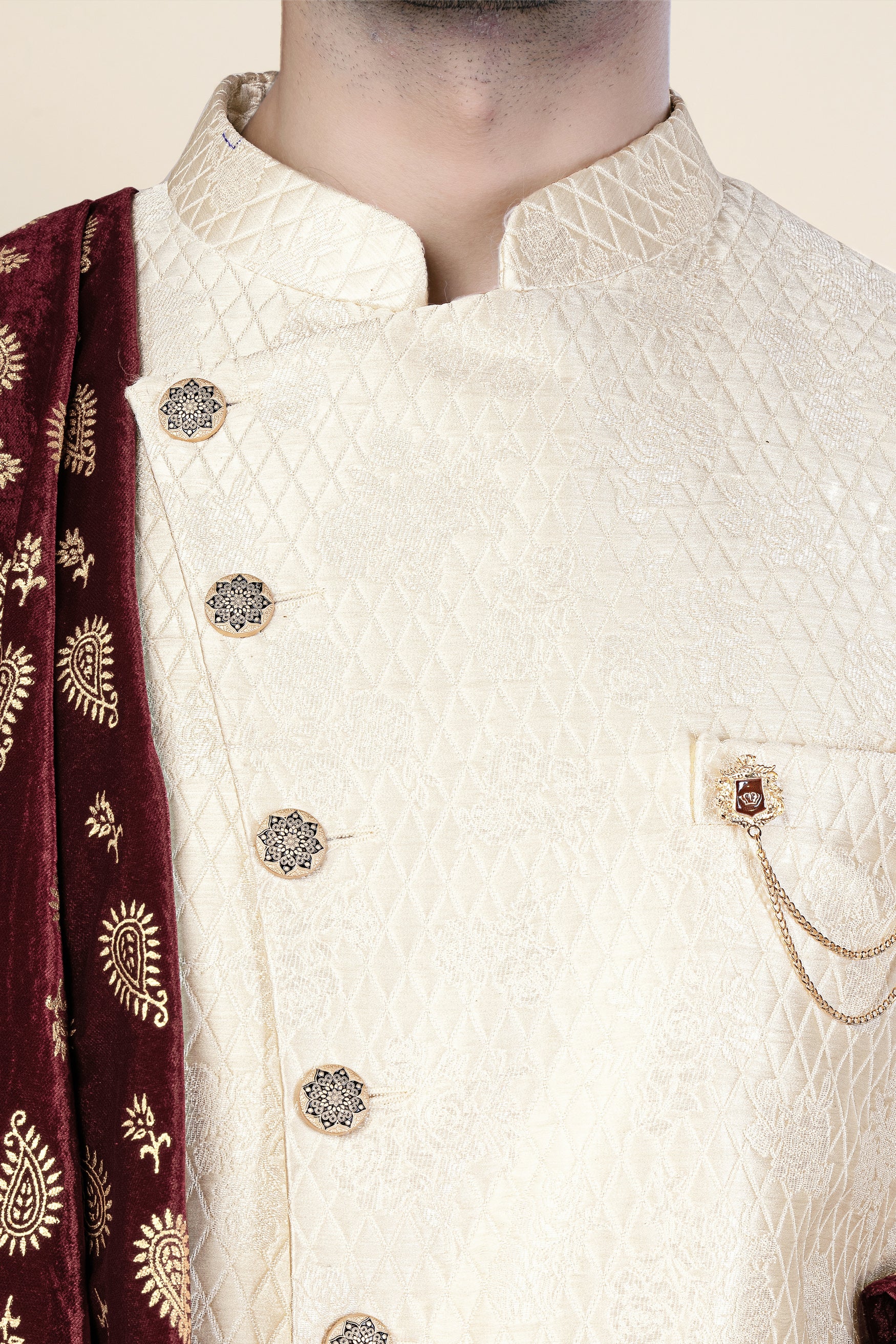 Ebb Cream Trellis Jacquard Weave Indo-Western Sherwani