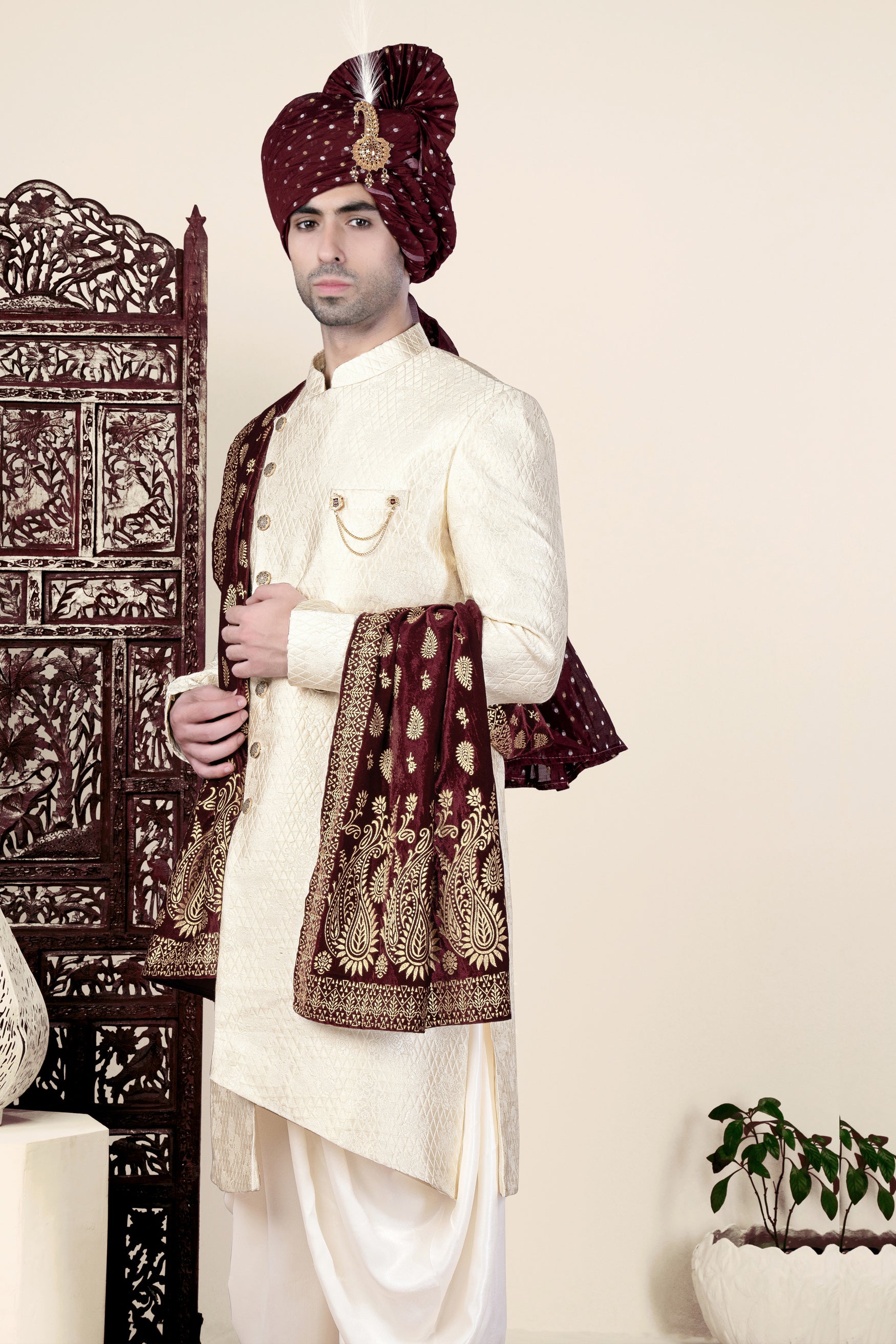 Ebb Cream Trellis Jacquard Weave Indo-Western Sherwani