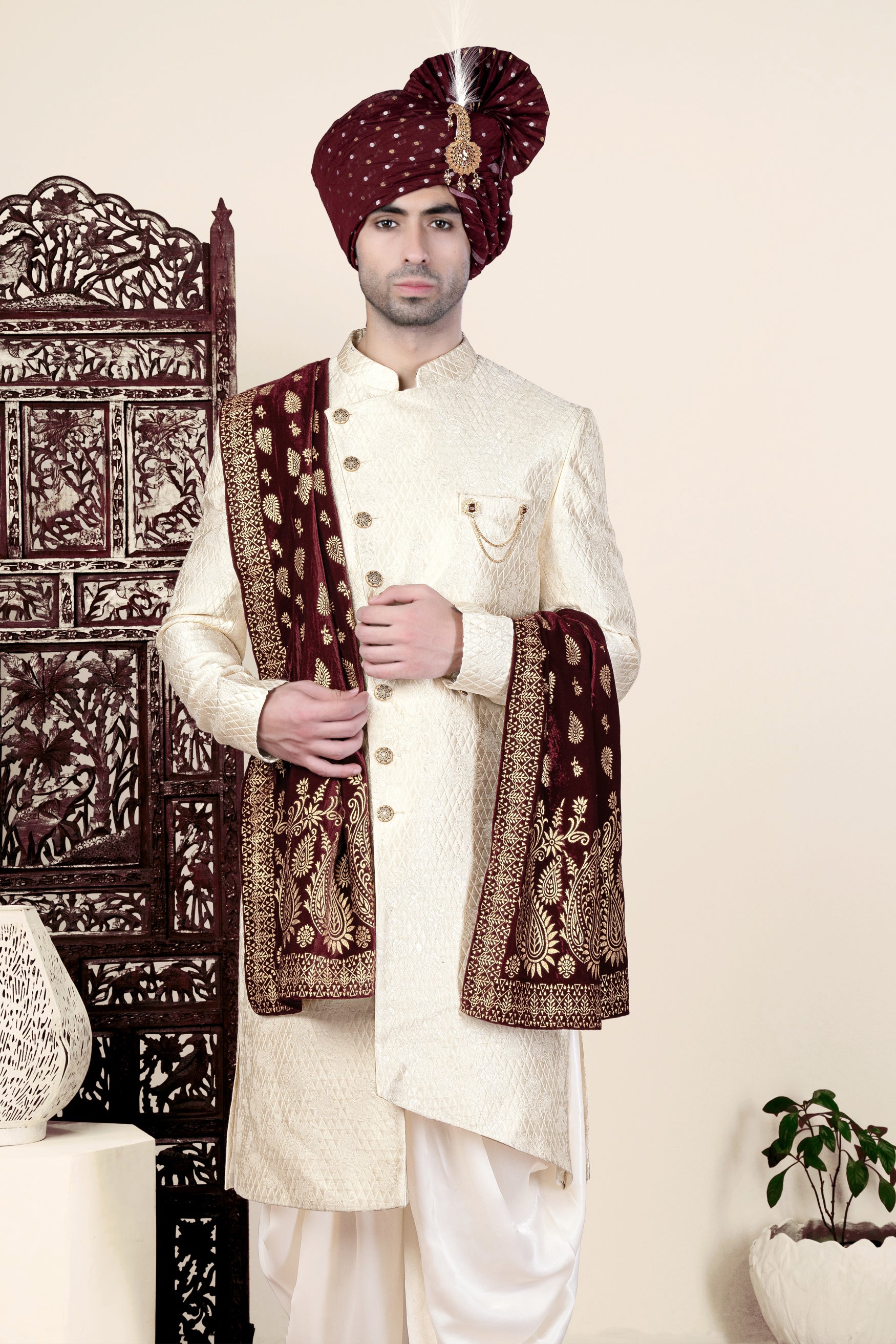 Ebb Cream Trellis Jacquard Weave Indo-Western Sherwani