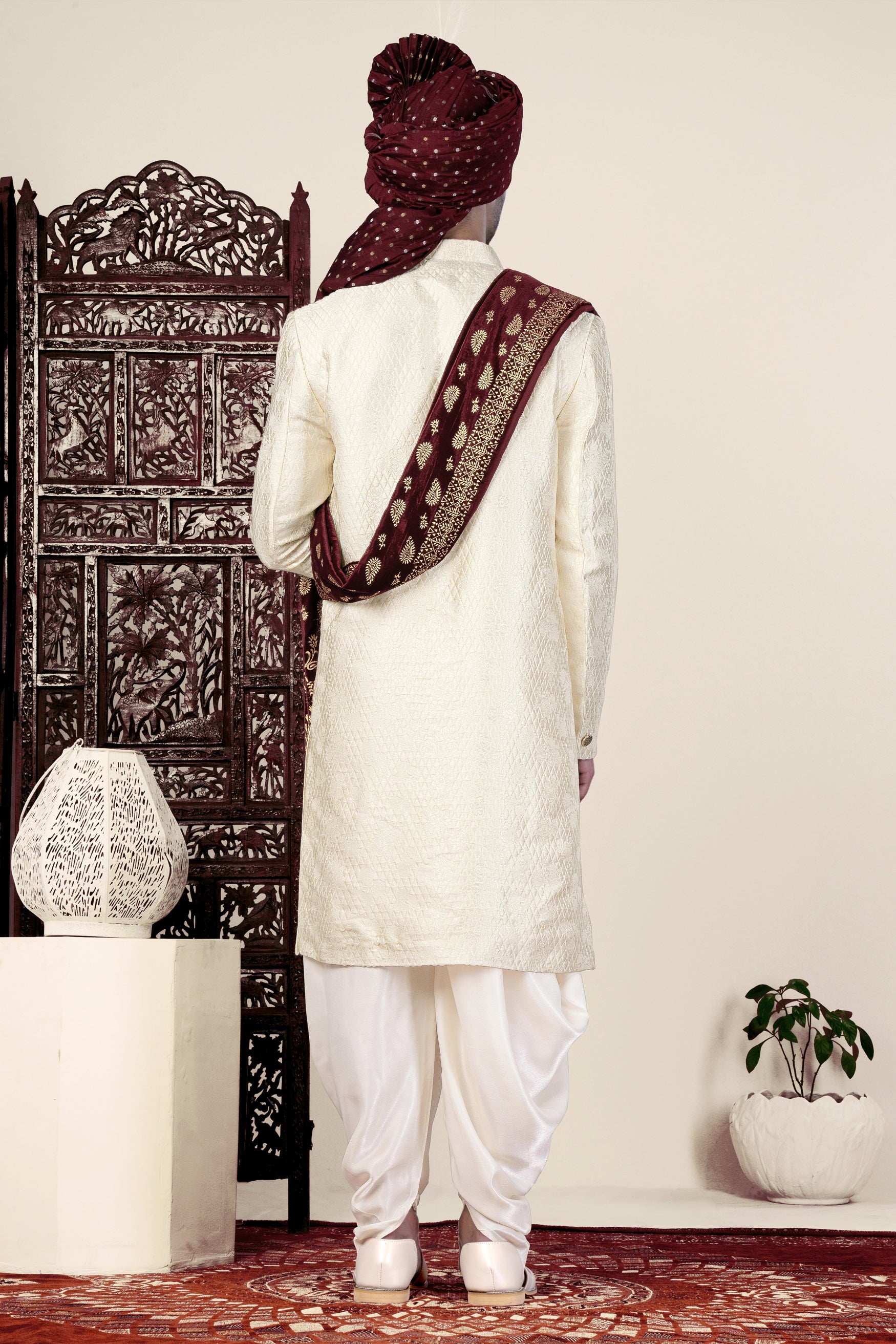 Ebb Cream Trellis Jacquard Weave Indo-Western Sherwani