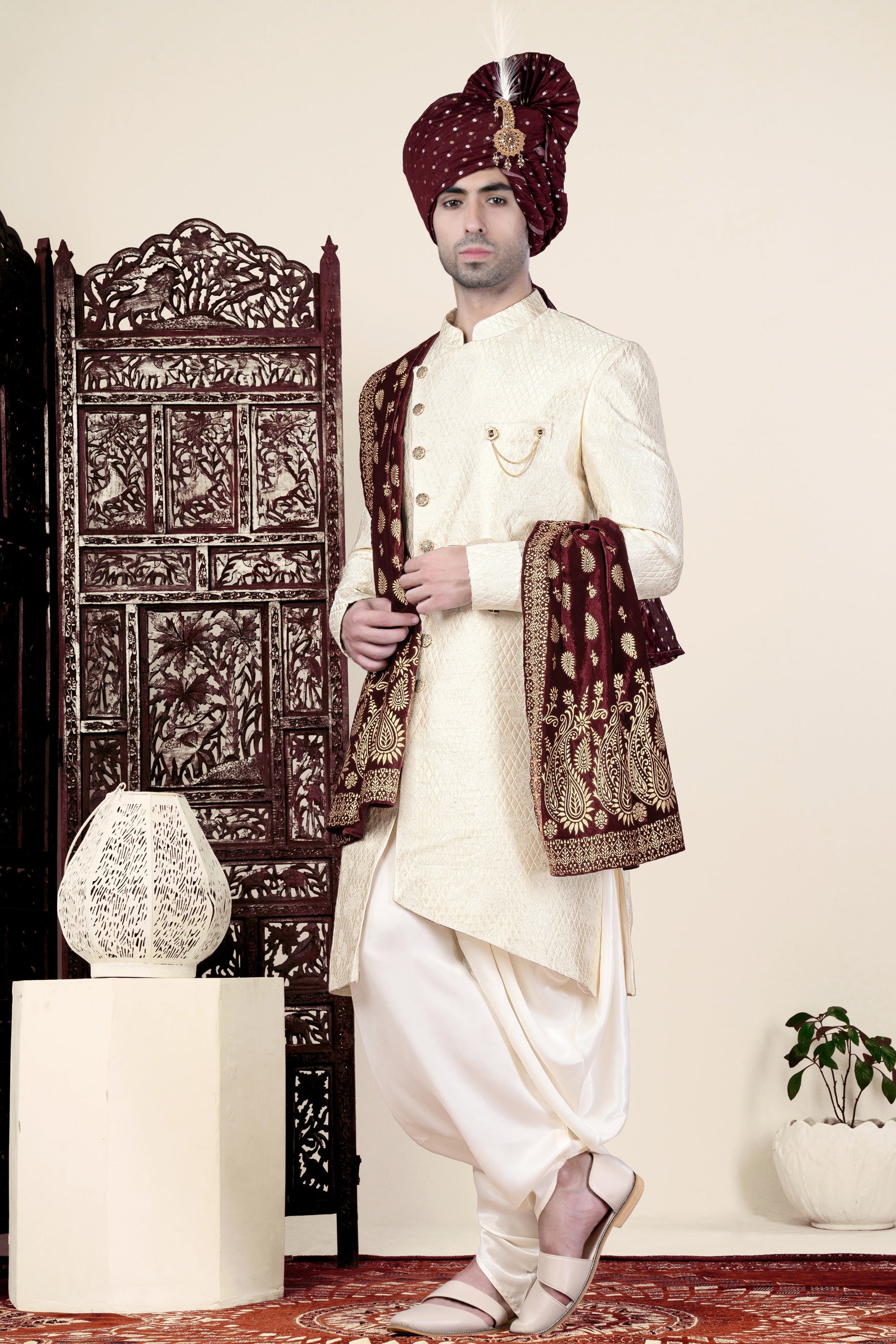 Ebb Cream Trellis Jacquard Weave Indo-Western Sherwani