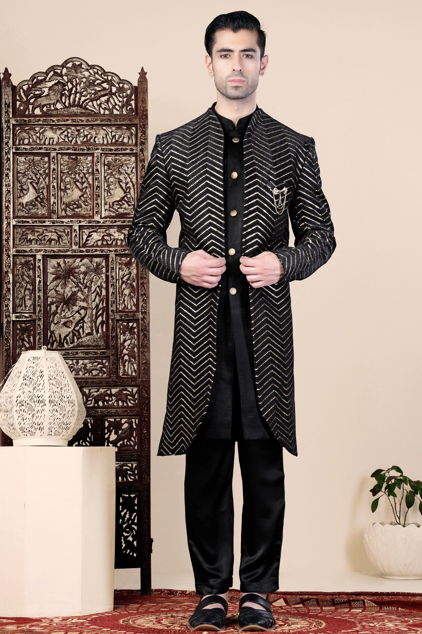 Jade Black Chevron Thread and Sequin Embroidered Indo-Western