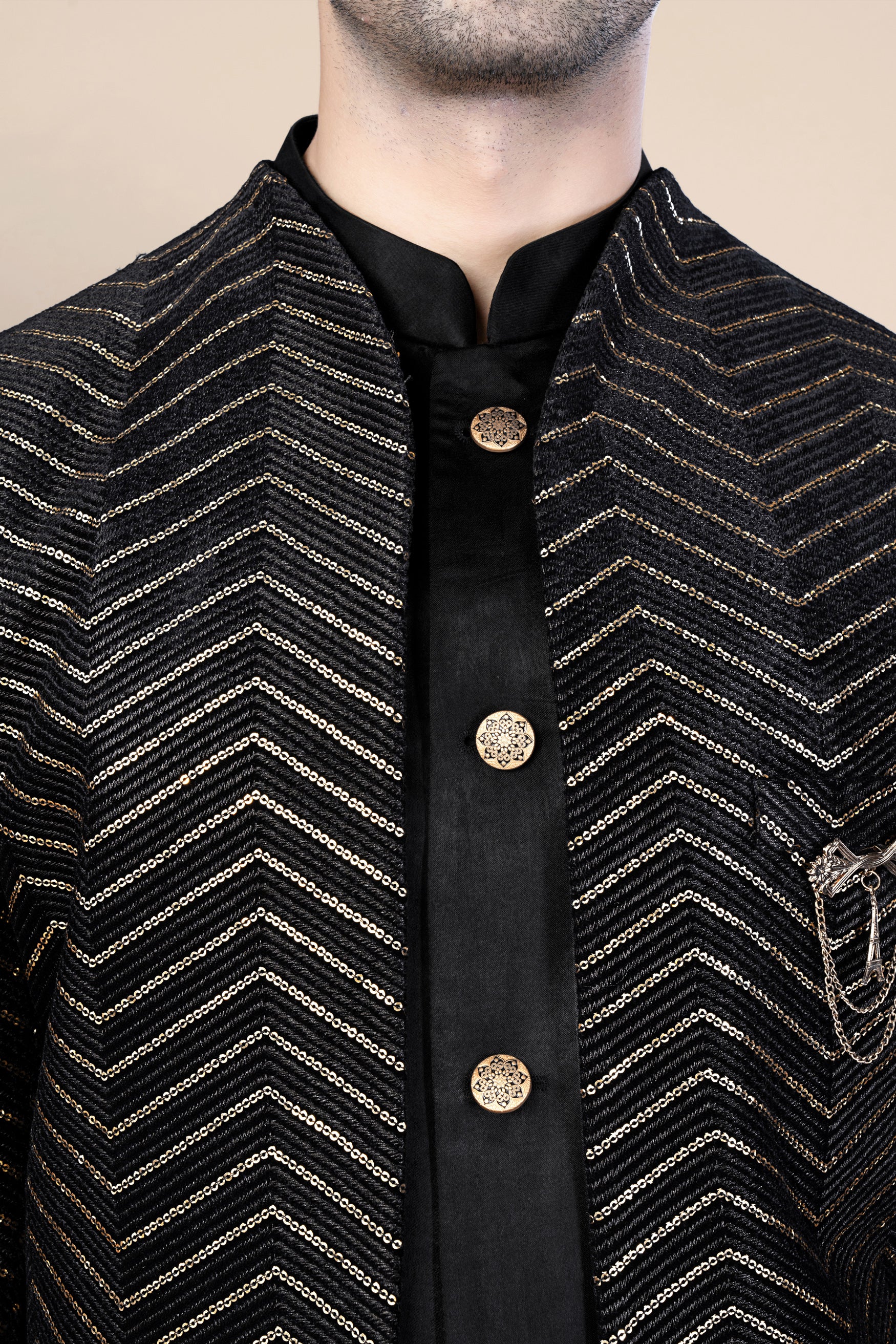 Jade Black Chevron Thread and Sequin Embroidered Indo-Western