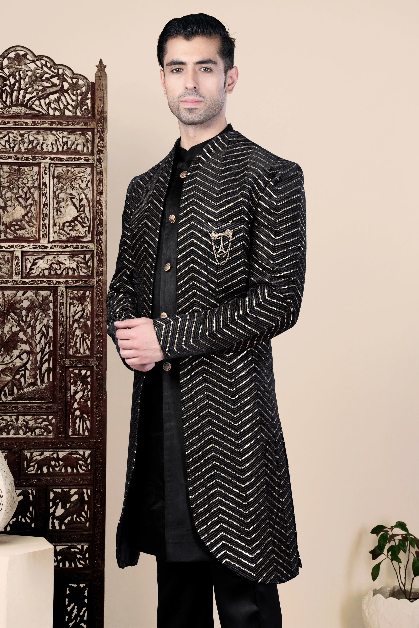 Jade Black Chevron Thread and Sequin Embroidered Indo-Western