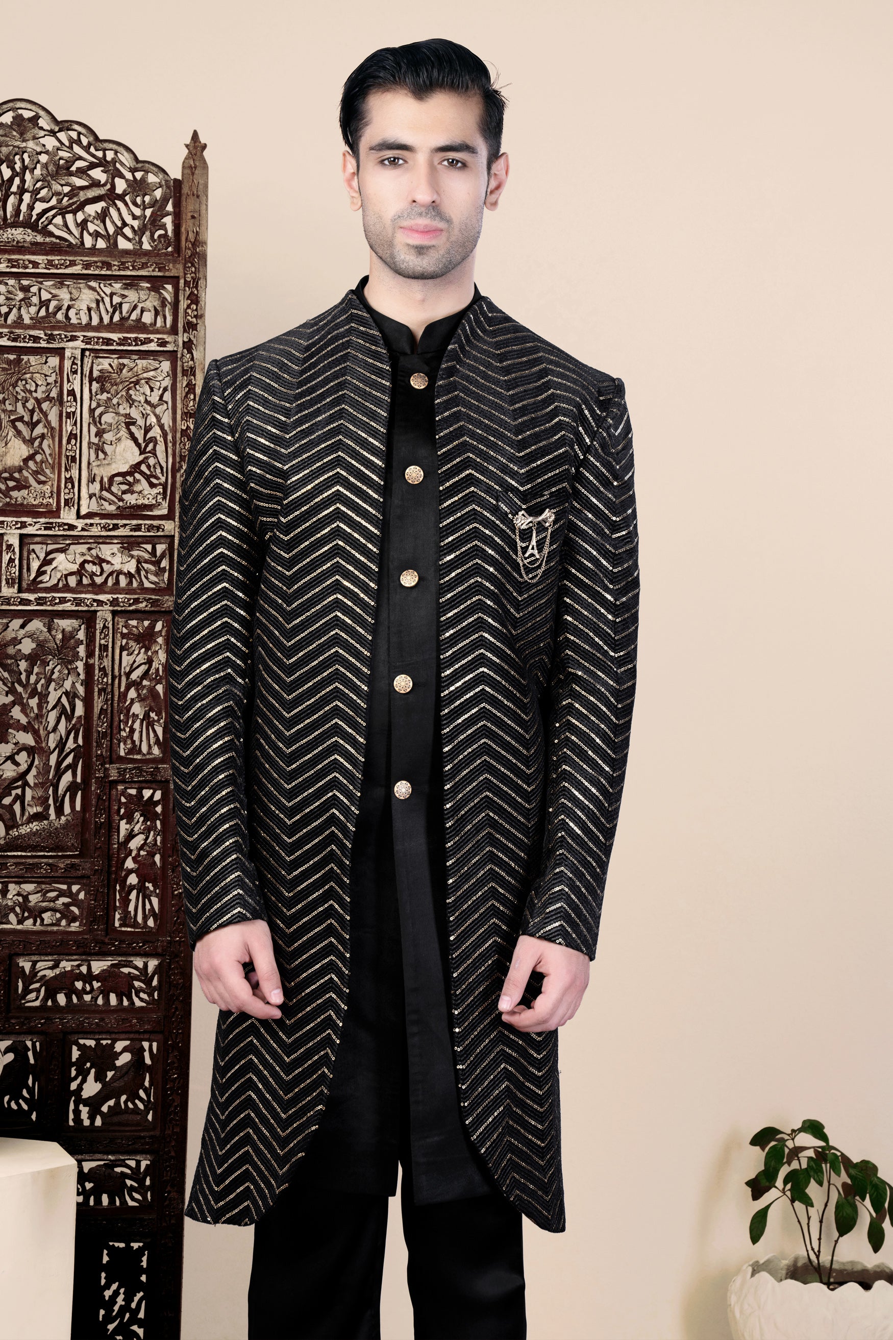 Jade Black Chevron Thread and Sequin Embroidered Indo-Western