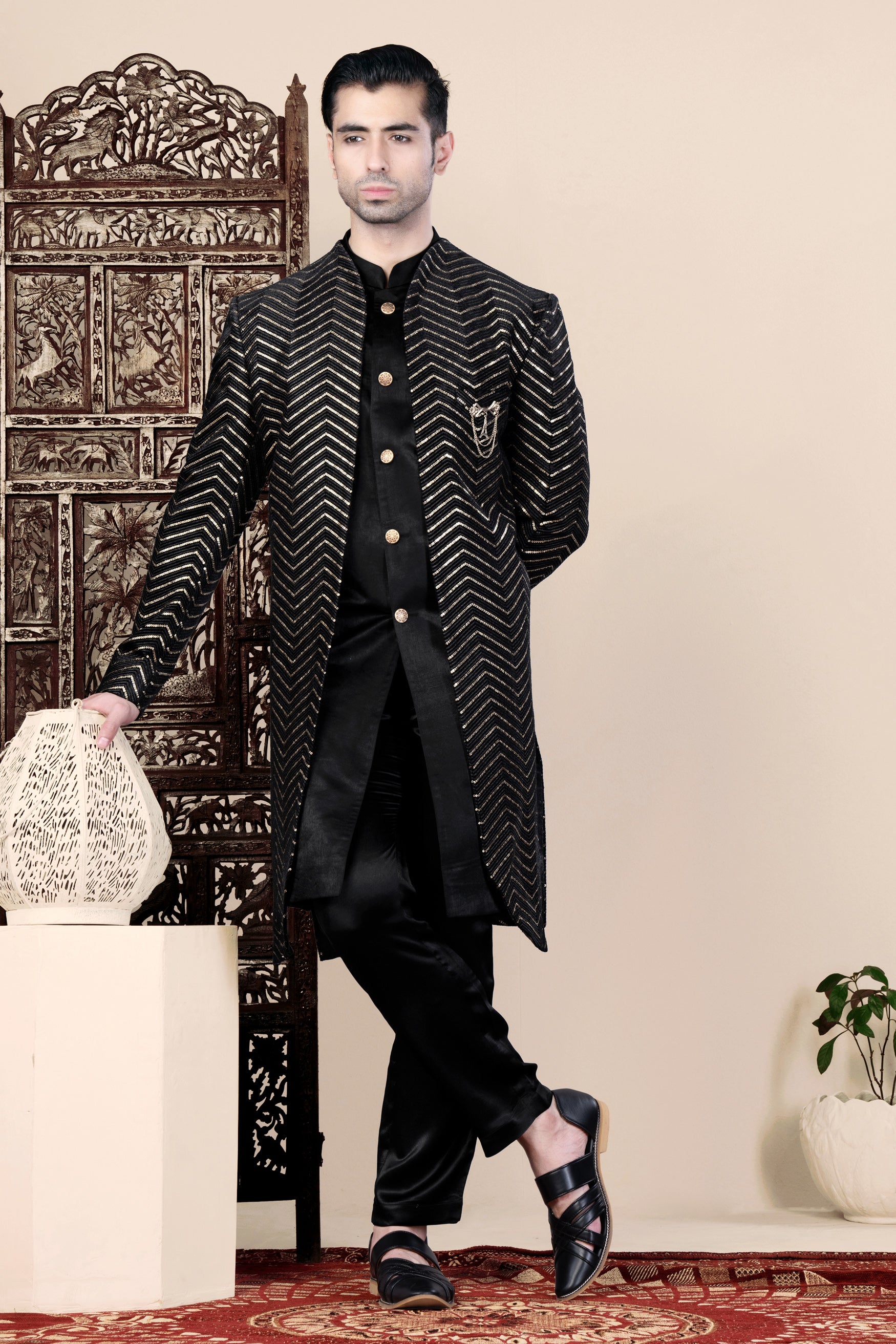 Jade Black Chevron Thread and Sequin Embroidered Indo-Western
