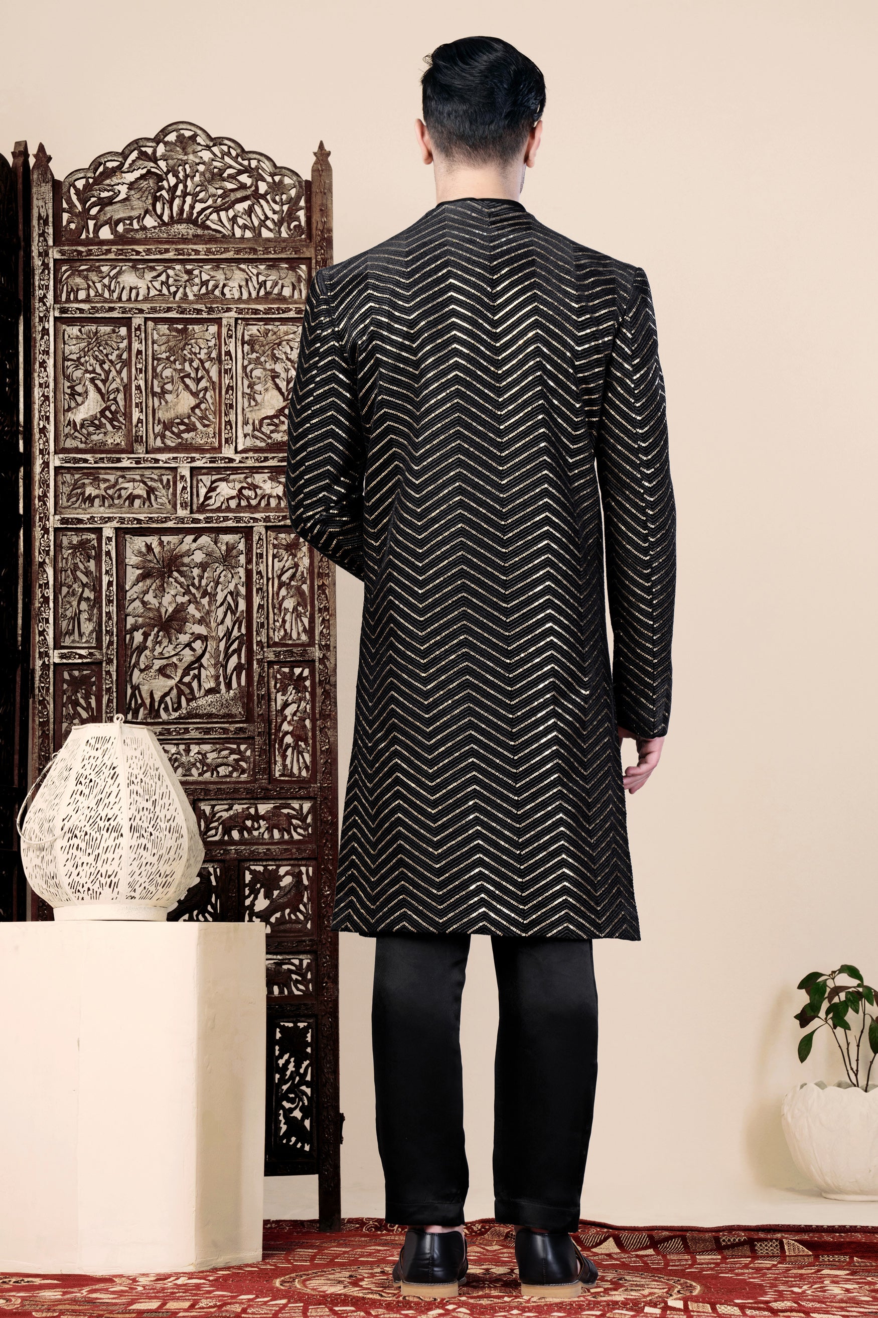 Jade Black Chevron Thread and Sequin Embroidered Indo-Western
